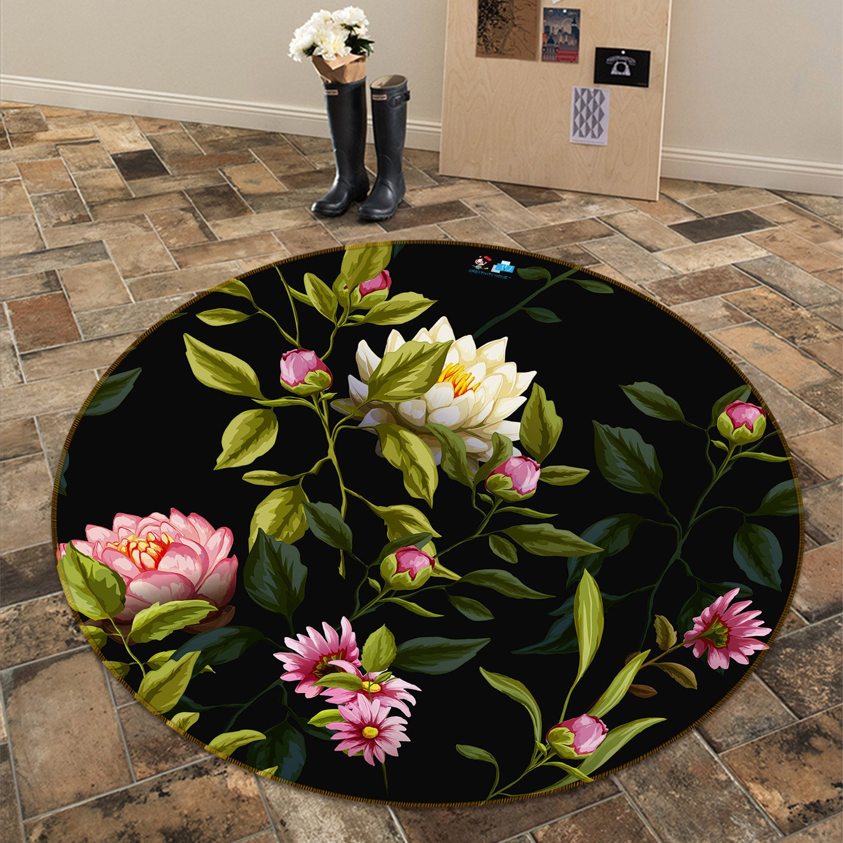 3D Flowers 69219 Round Non Slip Rug Mat