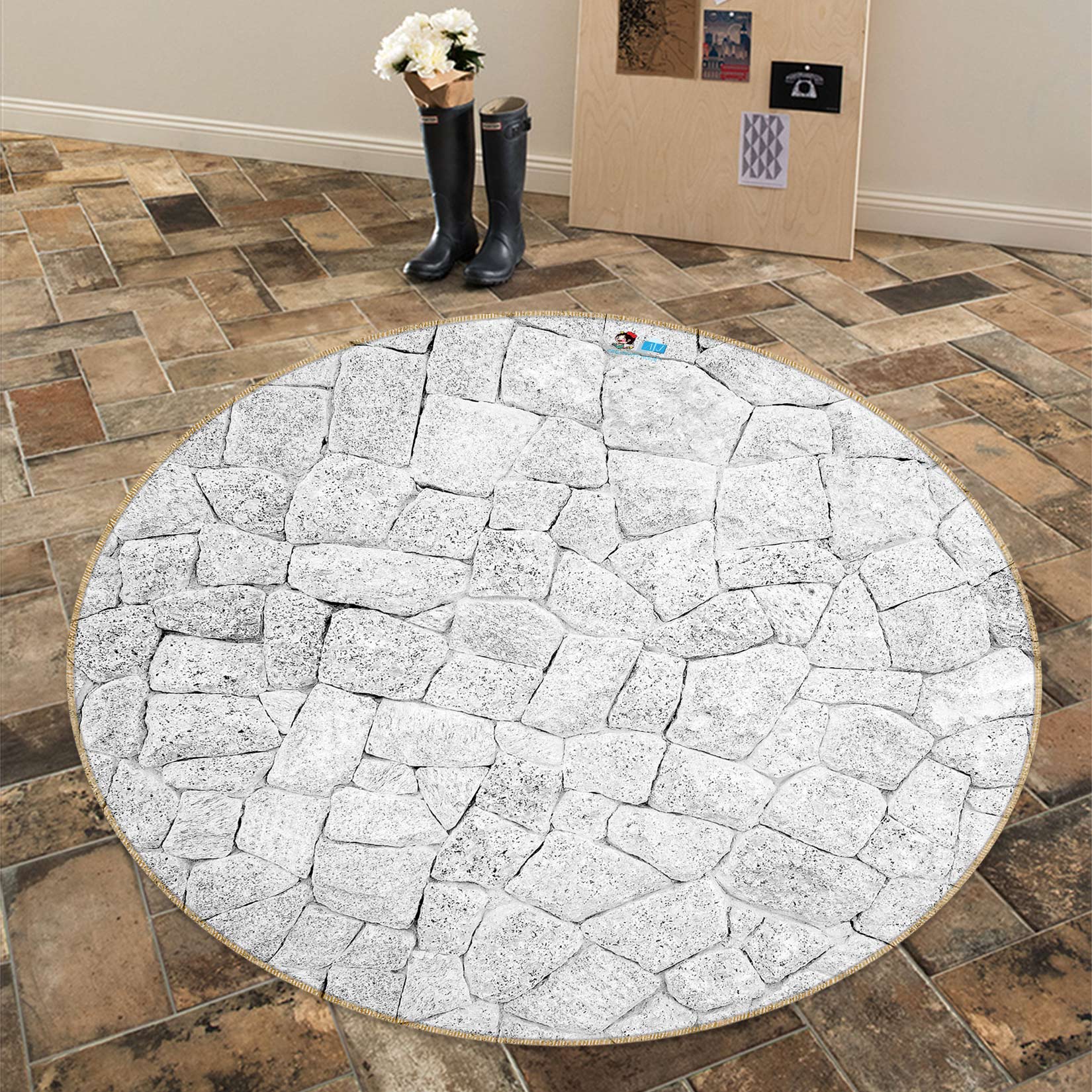 3D Stone Wall 80208 Round Non Slip Rug Mat