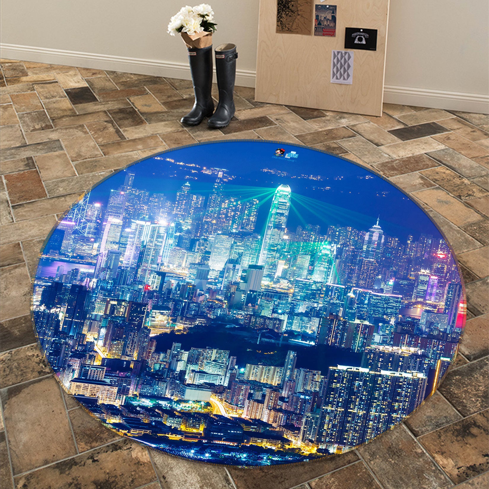 3D City Night View 80216 Round Non Slip Rug Mat