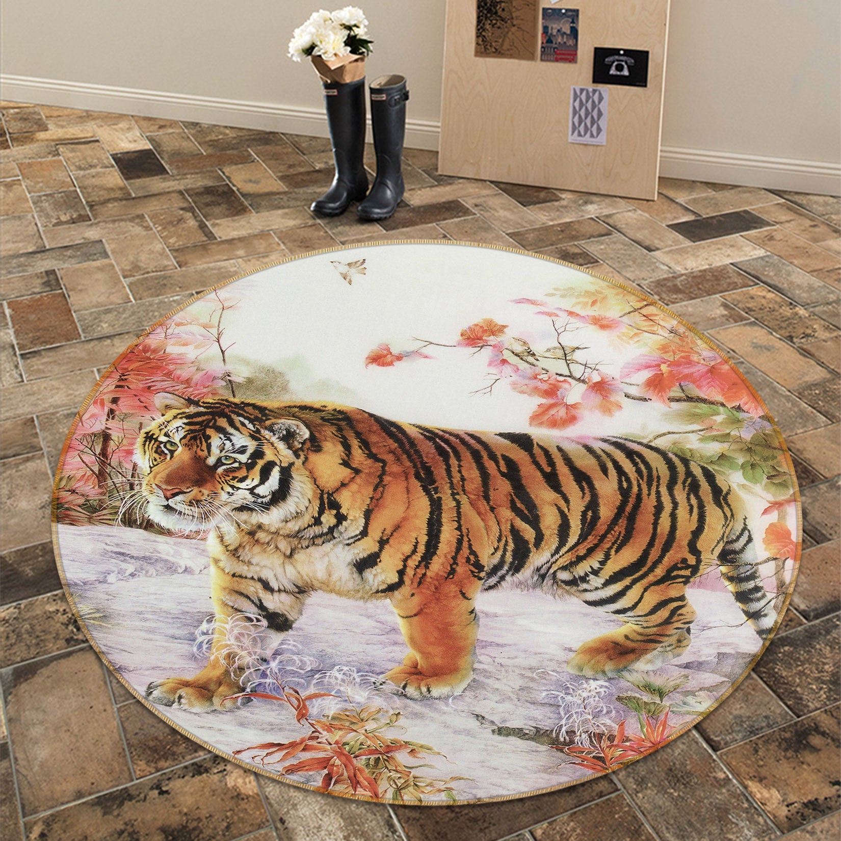 3D Snow Tiger 38098 Animal Round Non Slip Rug Mat
