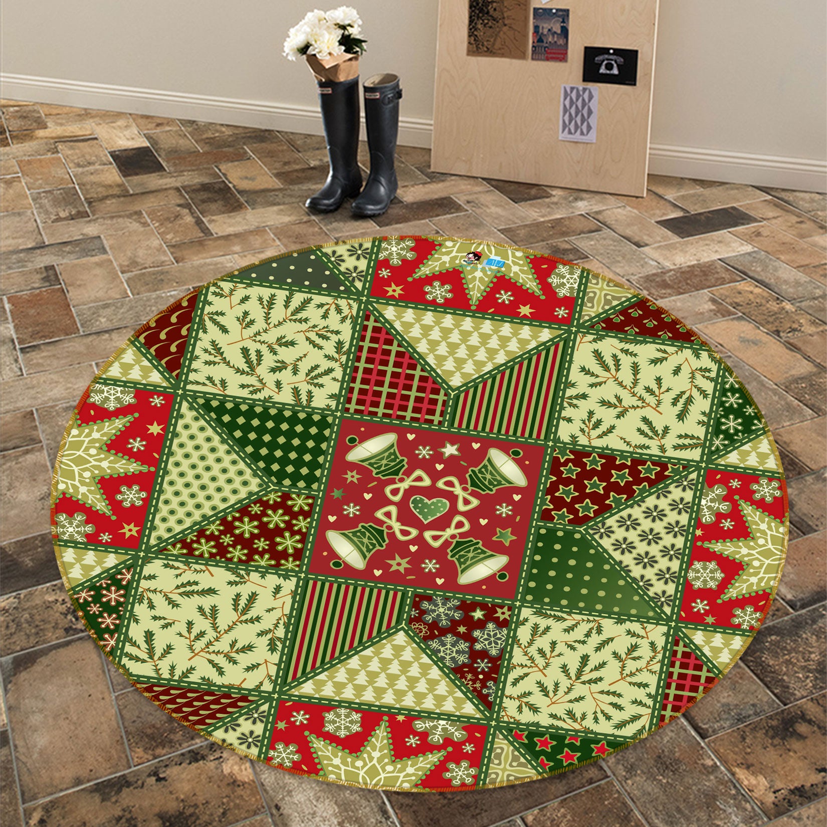 3D Green Pattern 54052 Christmas Round Non Slip Rug Mat Xmas