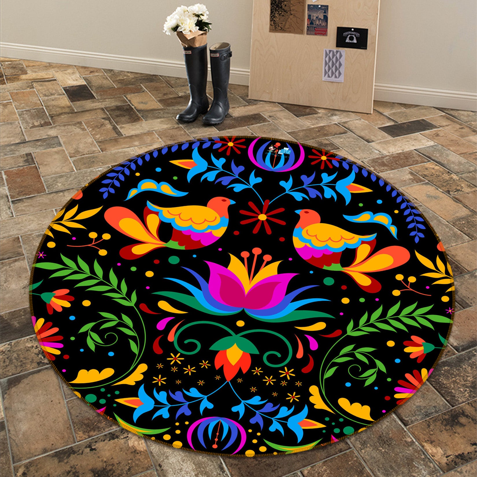 3D Color Leaf Bird Pattern 71285 Round Non Slip Rug Mat