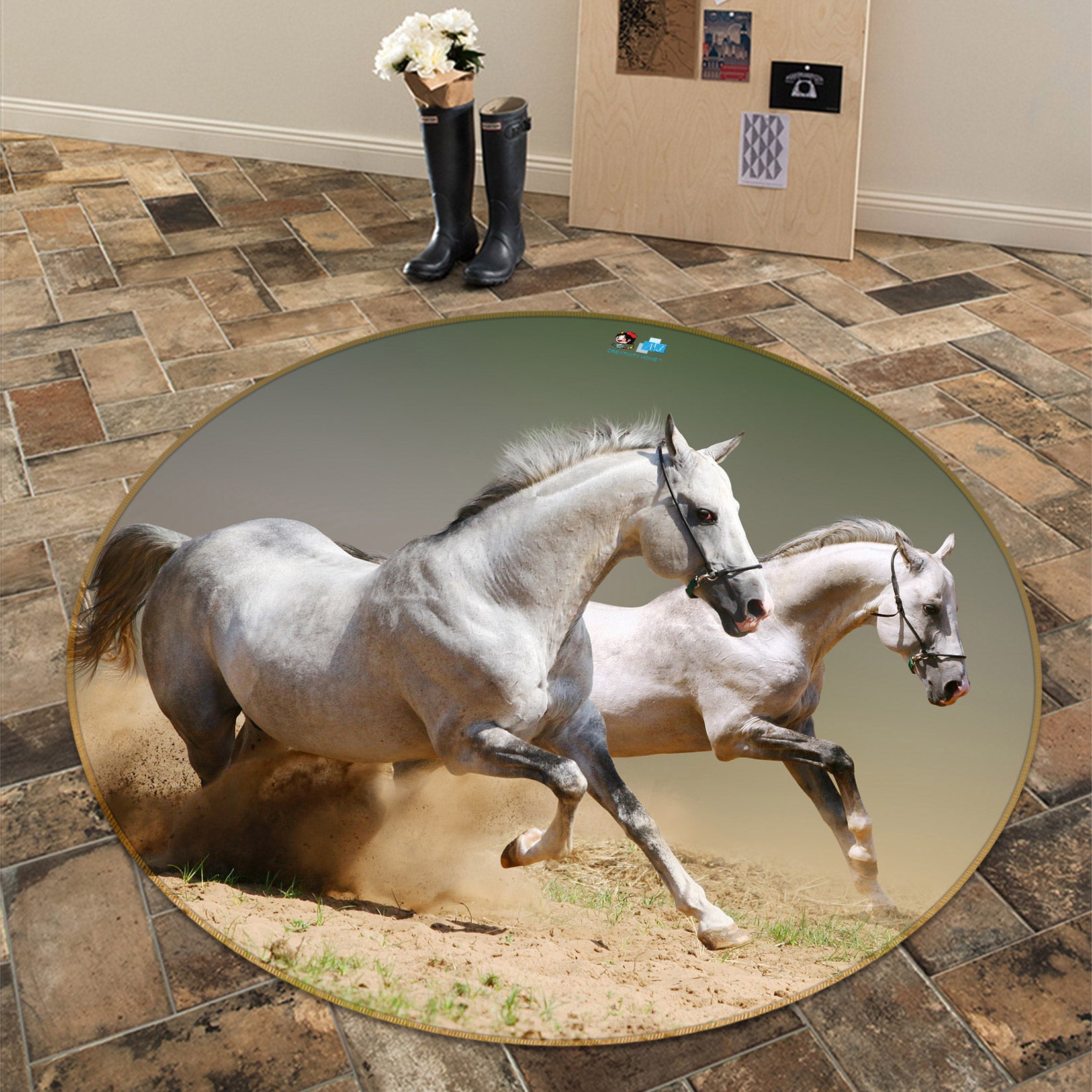 3D White Horse 72146 Round Non Slip Rug Mat