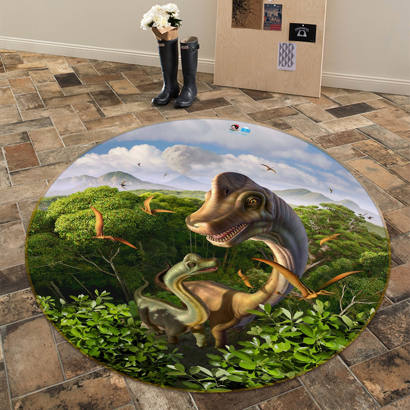 3D Jungle Dinosaur 83119 Jerry LoFaro Rug Round Non Slip Rug Mat