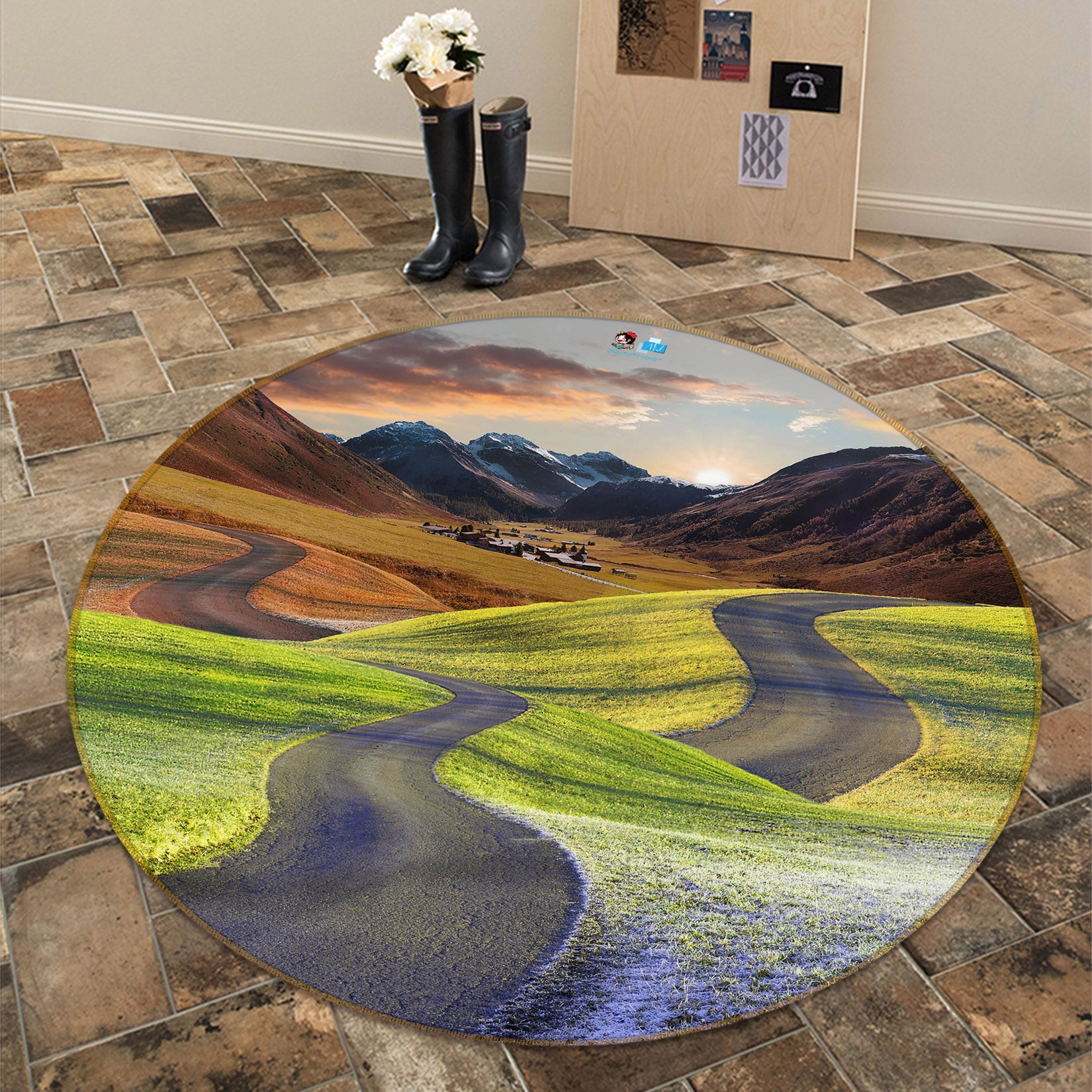 3D Mountains Highway 69166 Round Non Slip Rug Mat