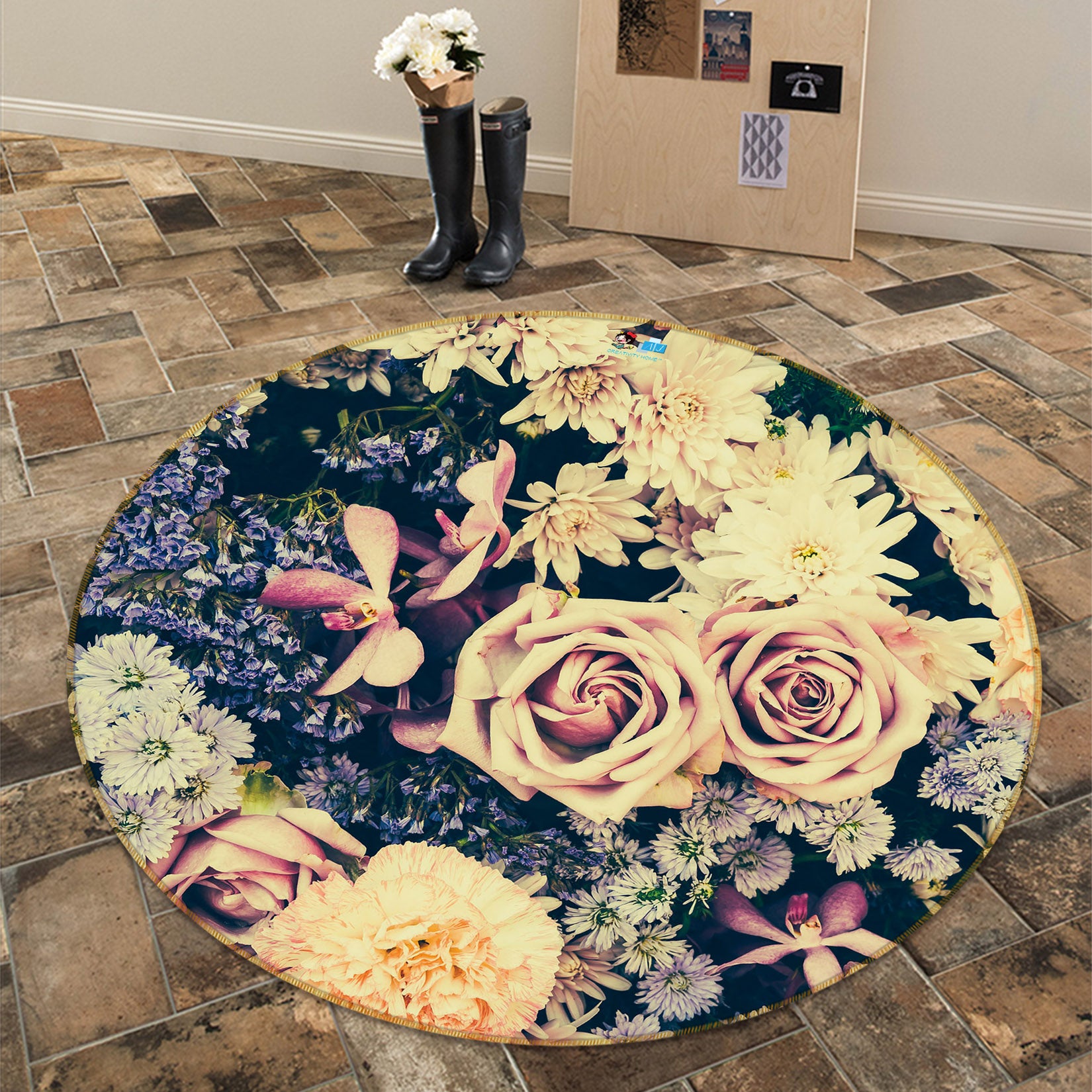 3D Flowers 69203 Round Non Slip Rug Mat