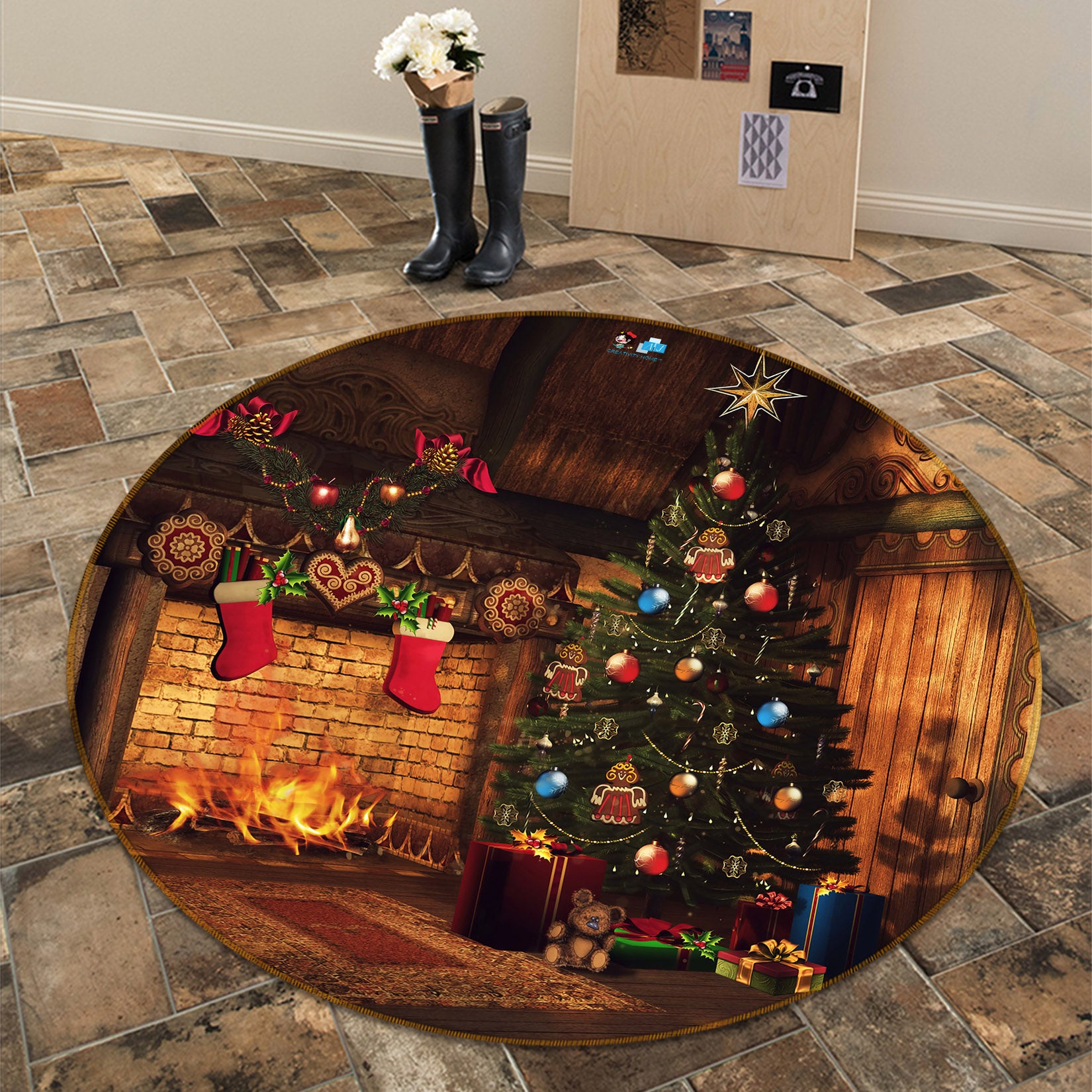 3D Tree Fireplace 54141 Christmas Round Non Slip Rug Mat Xmas