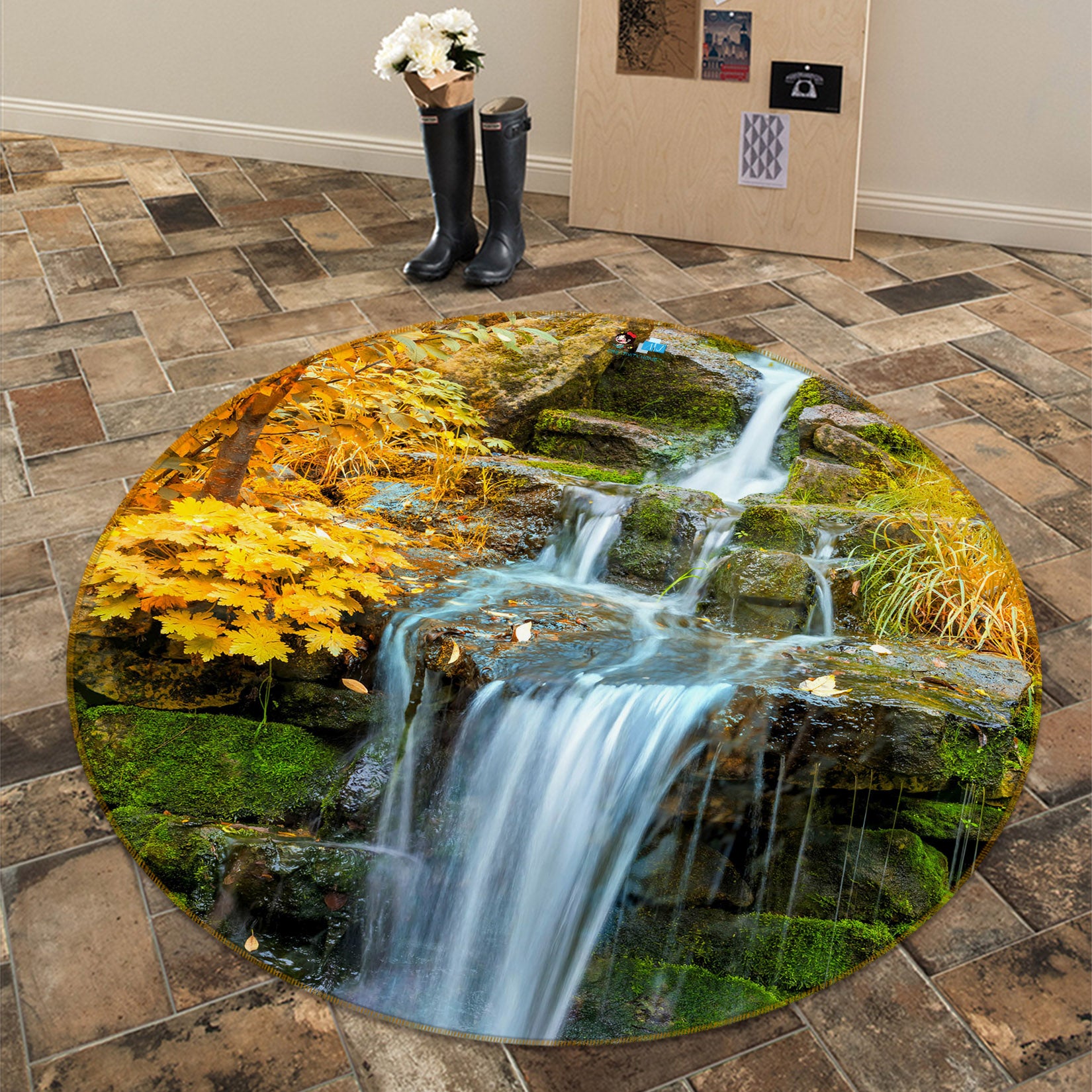3D Waterfall Running Water 69071 Round Non Slip Rug Mat
