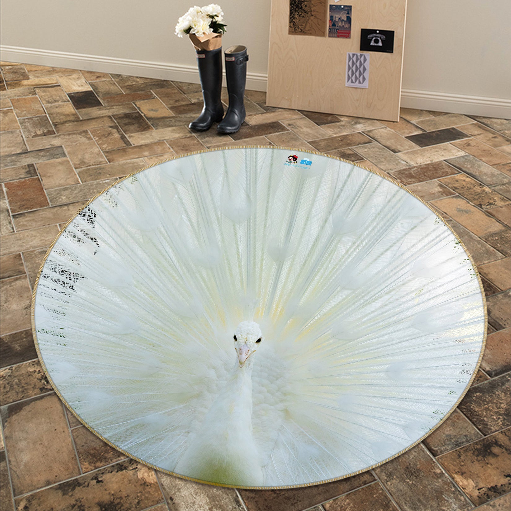 3D White Peacock 81232 Round Non Slip Rug Mat