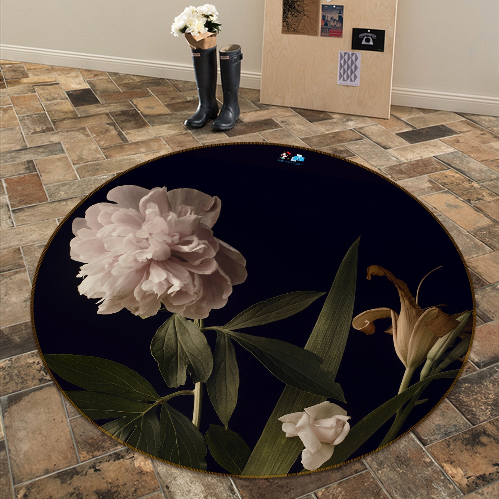 3D White Flowers 71152 Round Non Slip Rug Mat