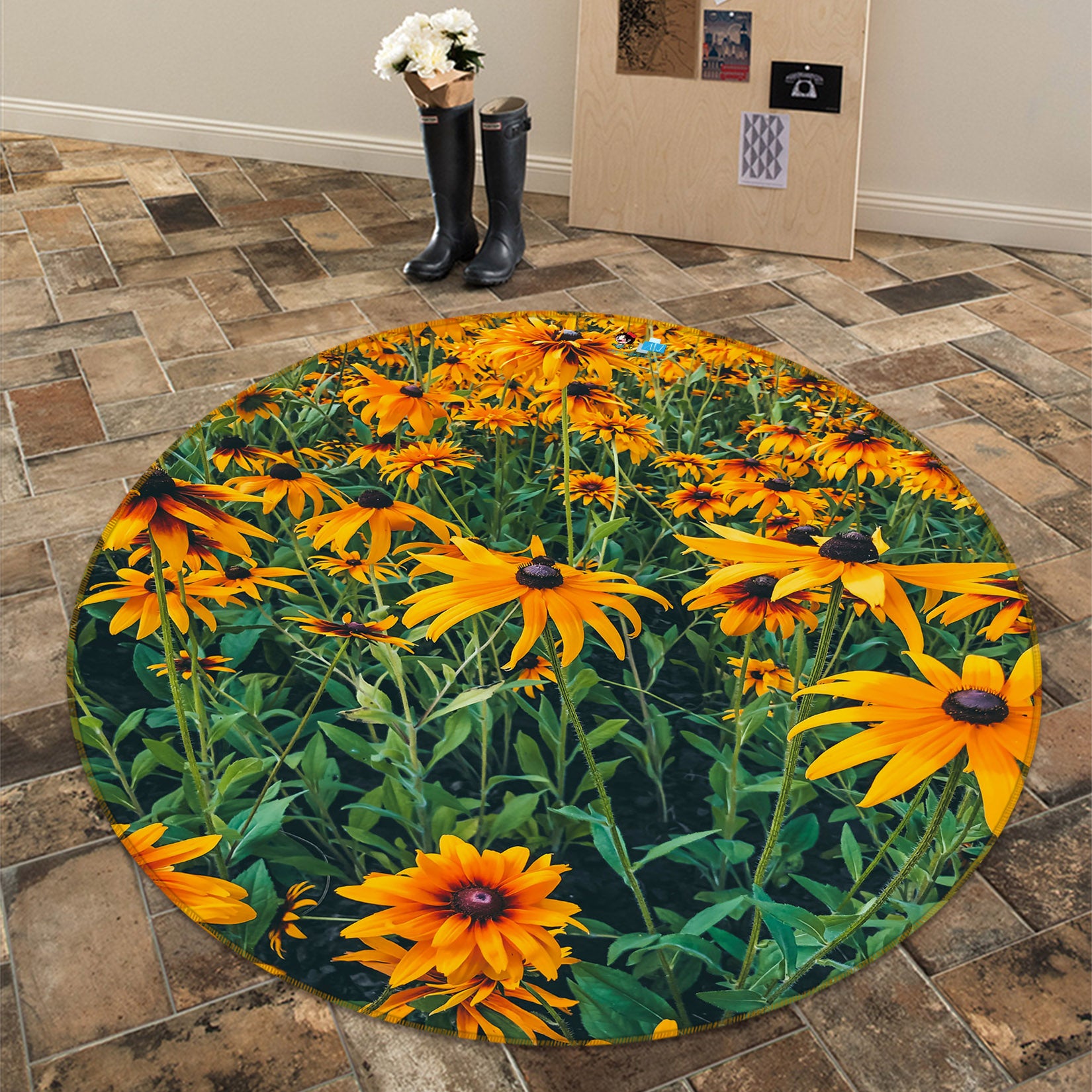 3D Yellow Flowers 71176 Round Non Slip Rug Mat