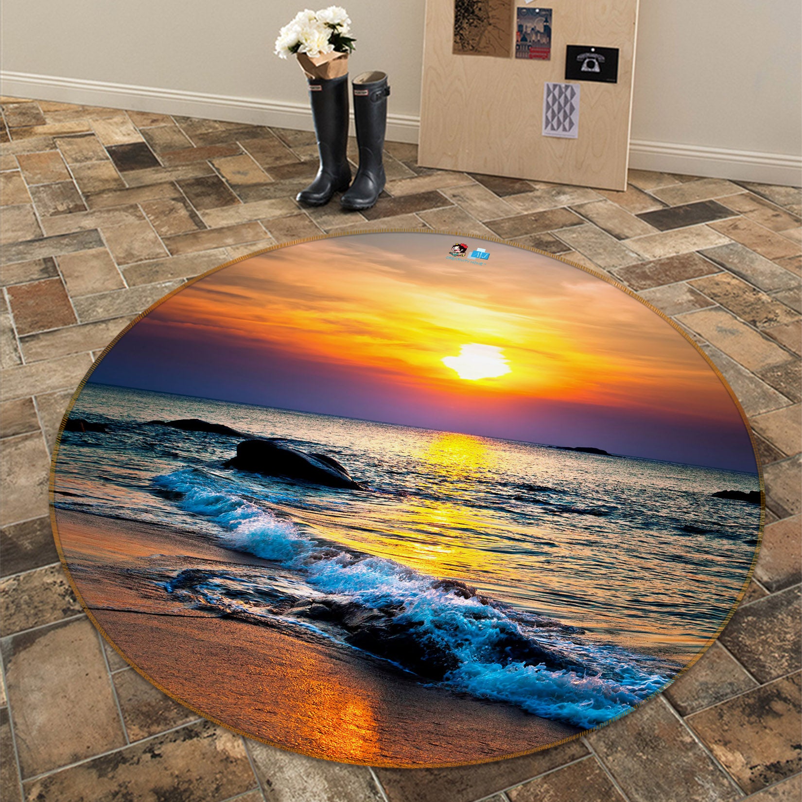 3D Sea Waves 69048 Round Non Slip Rug Mat