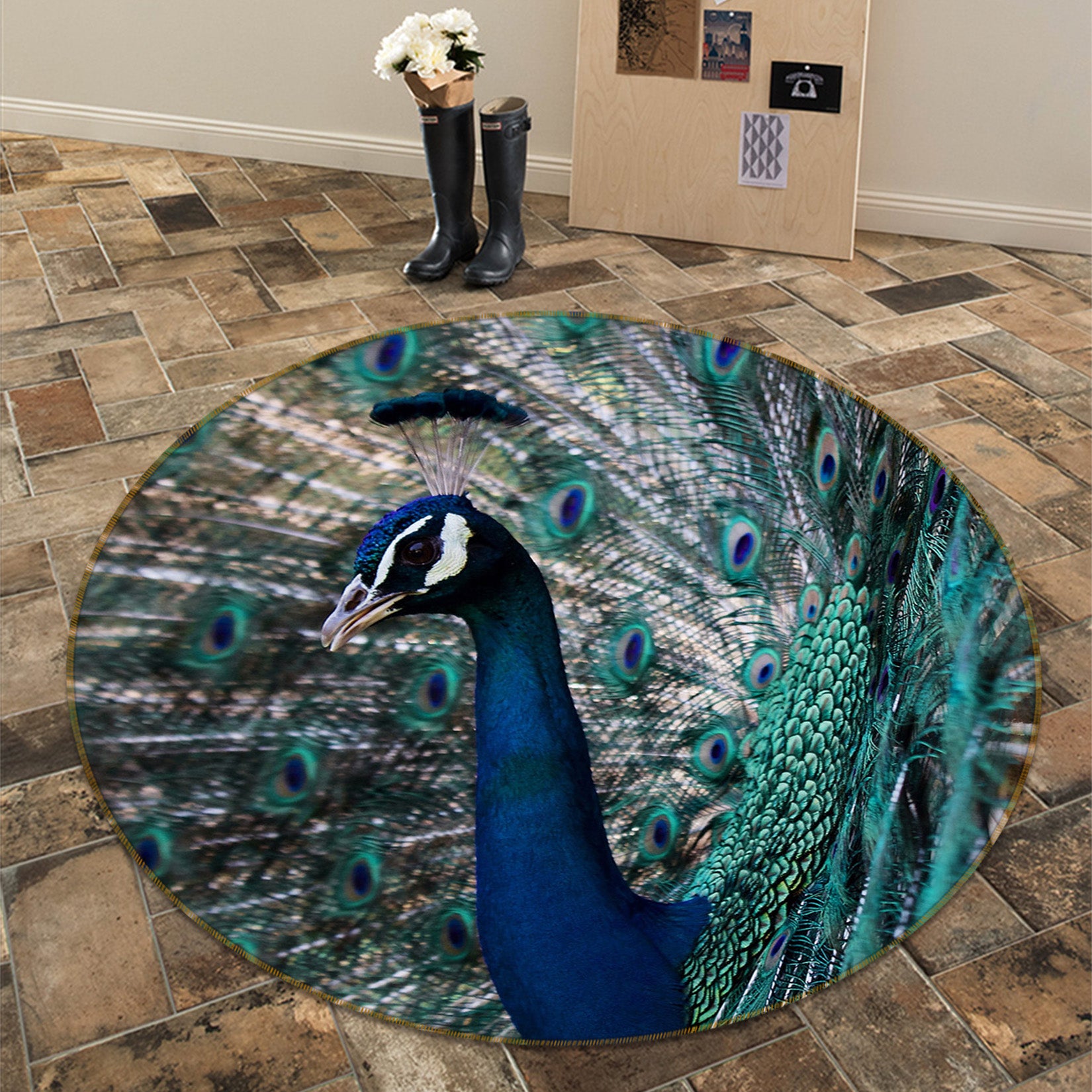 3D Peacock 82260 Animal Round Non Slip Rug Mat