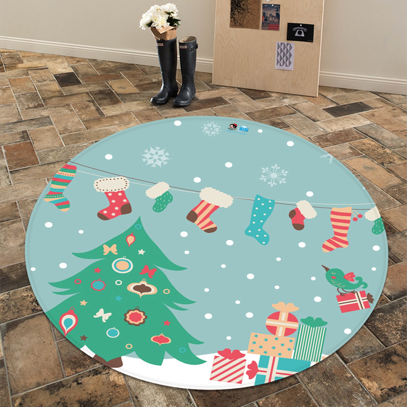 3D Snowfield Tree Sock 66001 Christmas Round Non Slip Rug Mat Xmas