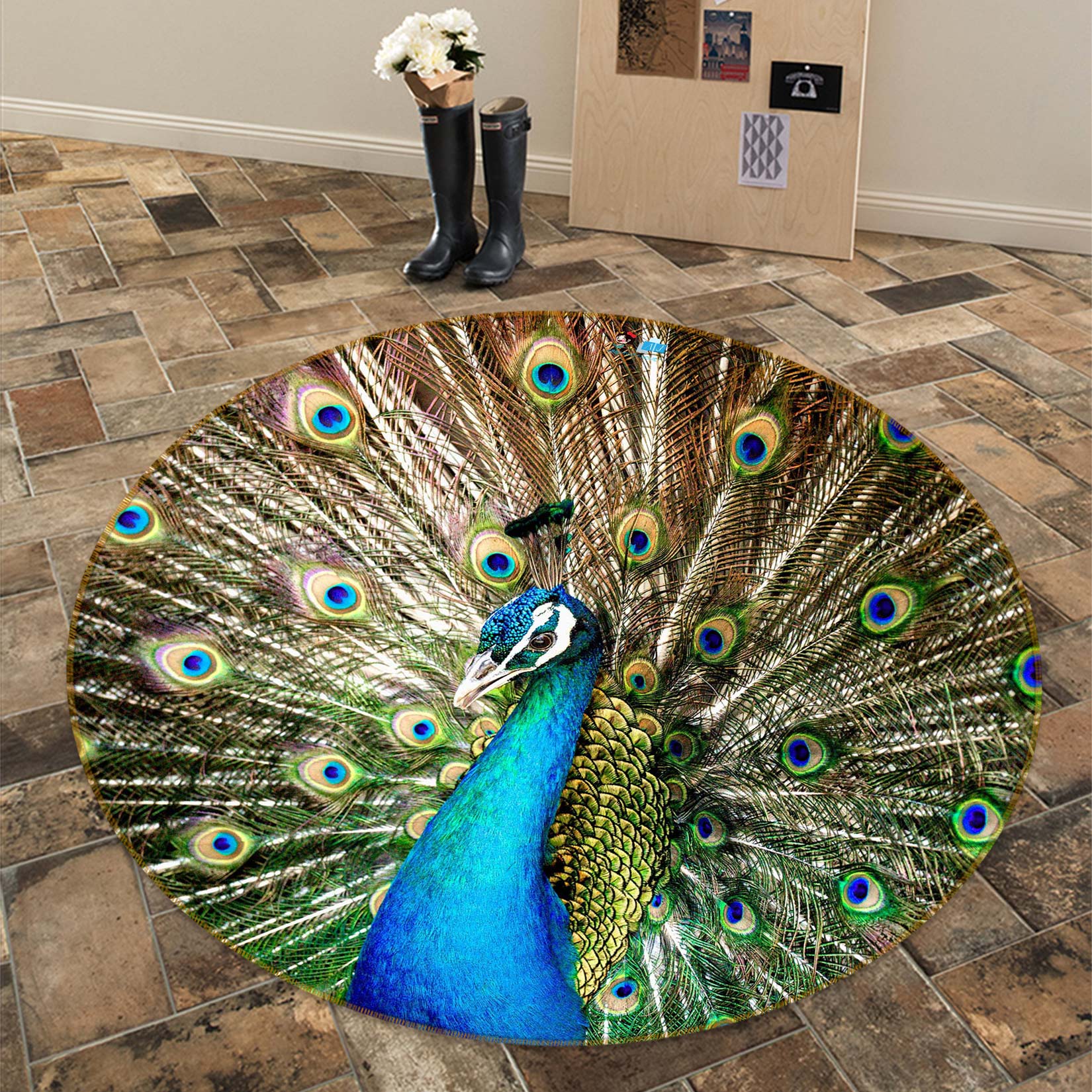 3D Peacock 81159 Round Non Slip Rug Mat