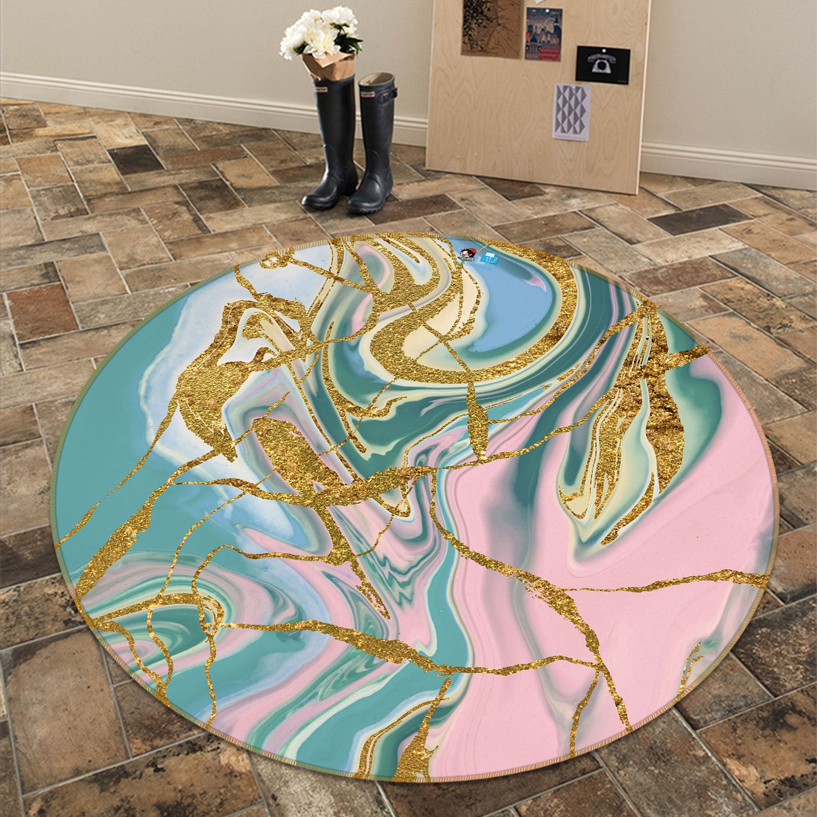 3D Pink Green Texture 81194 Round Non Slip Rug Mat