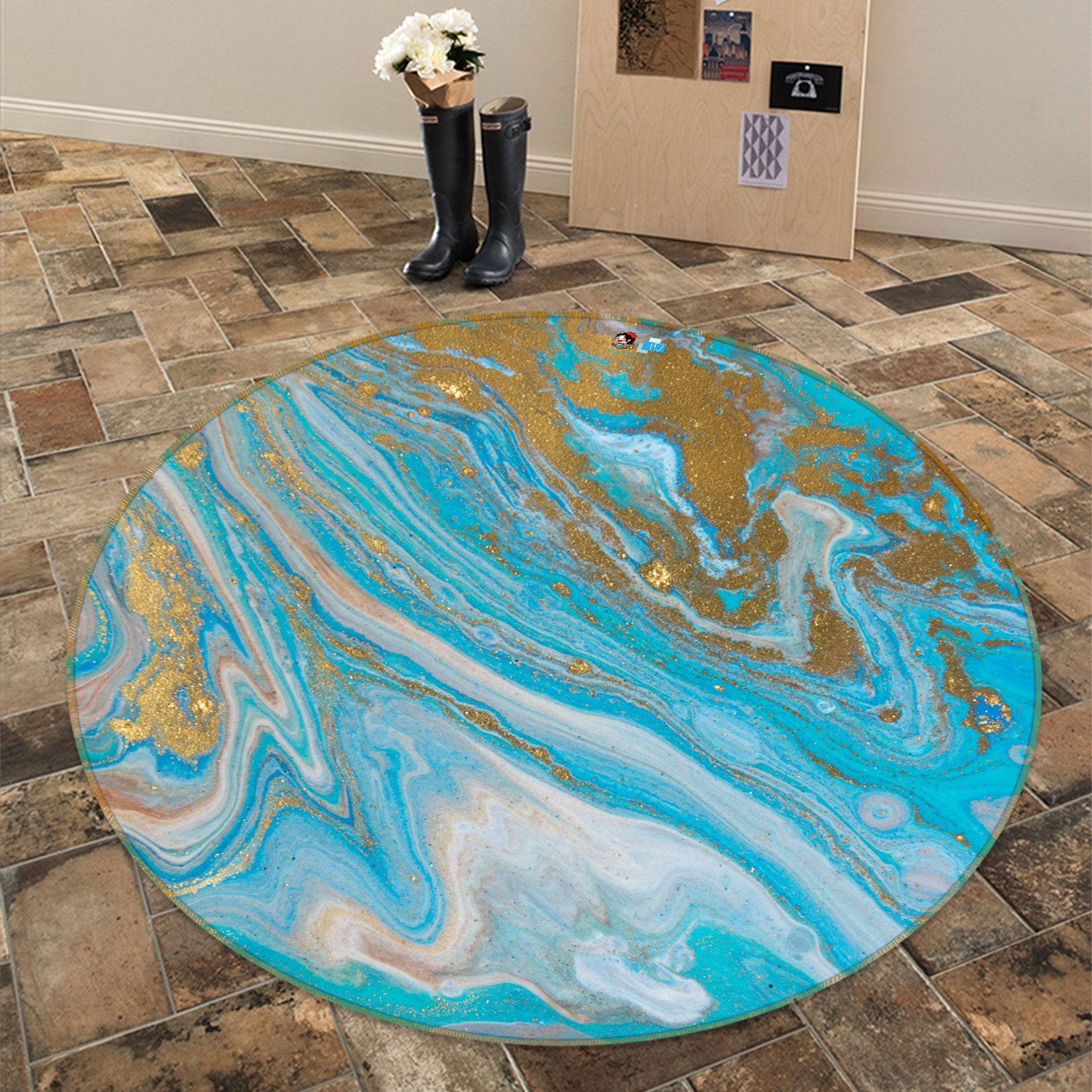 3D Blue Golden Texture 81170 Round Non Slip Rug Mat