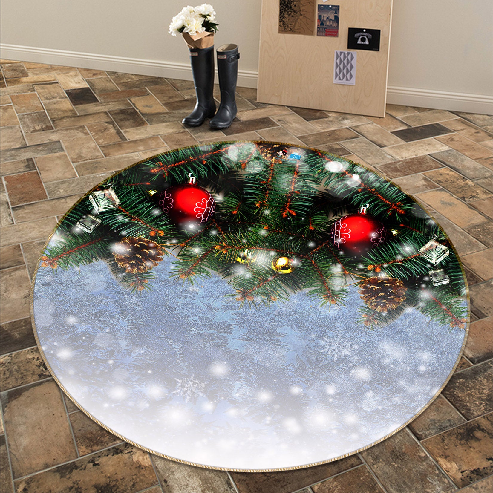 3D Snowflake Branches 54187 Christmas Round Non Slip Rug Mat Xmas