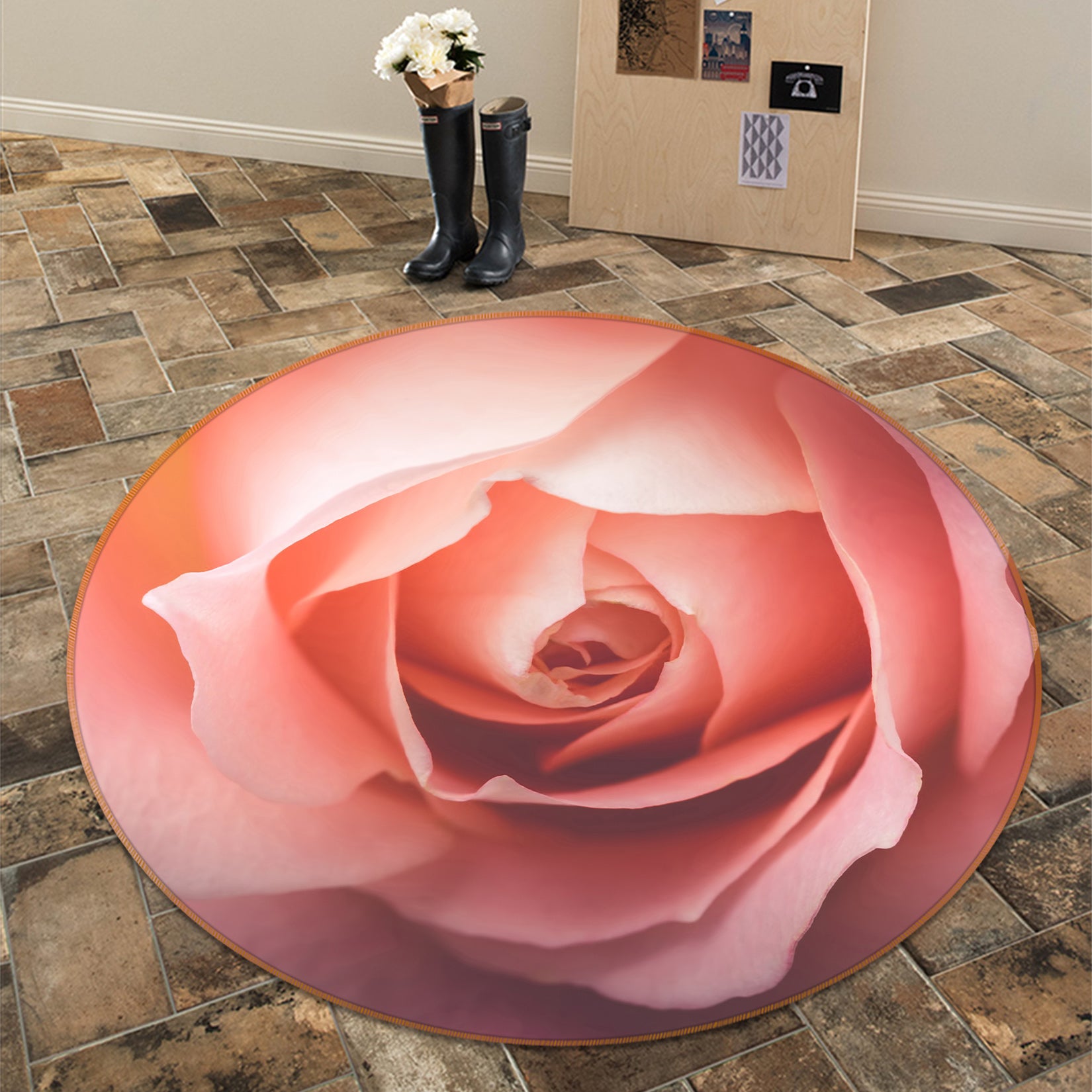 3D Pink Flowers 71195 Round Non Slip Rug Mat