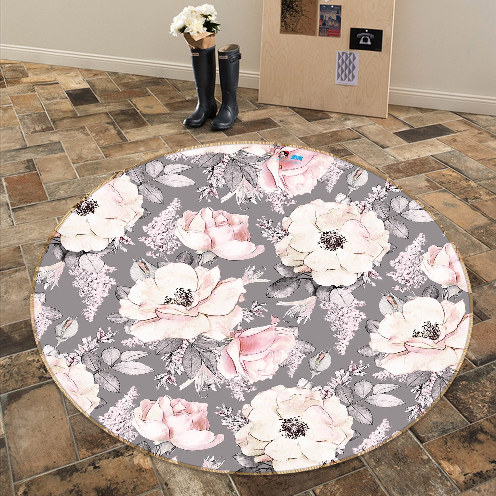 3D Hand Painted Flowers 80231 Round Non Slip Rug Mat