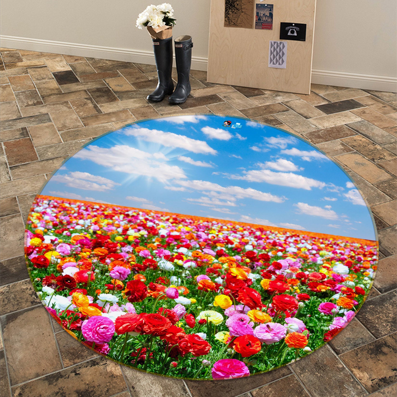 3D Flower Bush Sky 69146 Round Non Slip Rug Mat