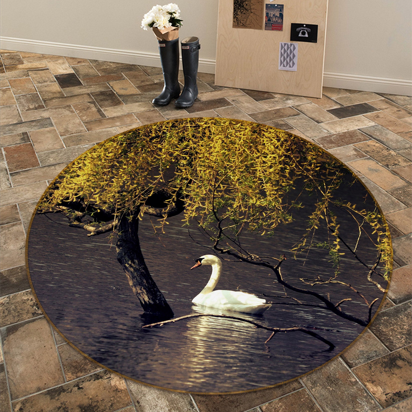 3D Swan Lake 82053 Animal Round Non Slip Rug Mat