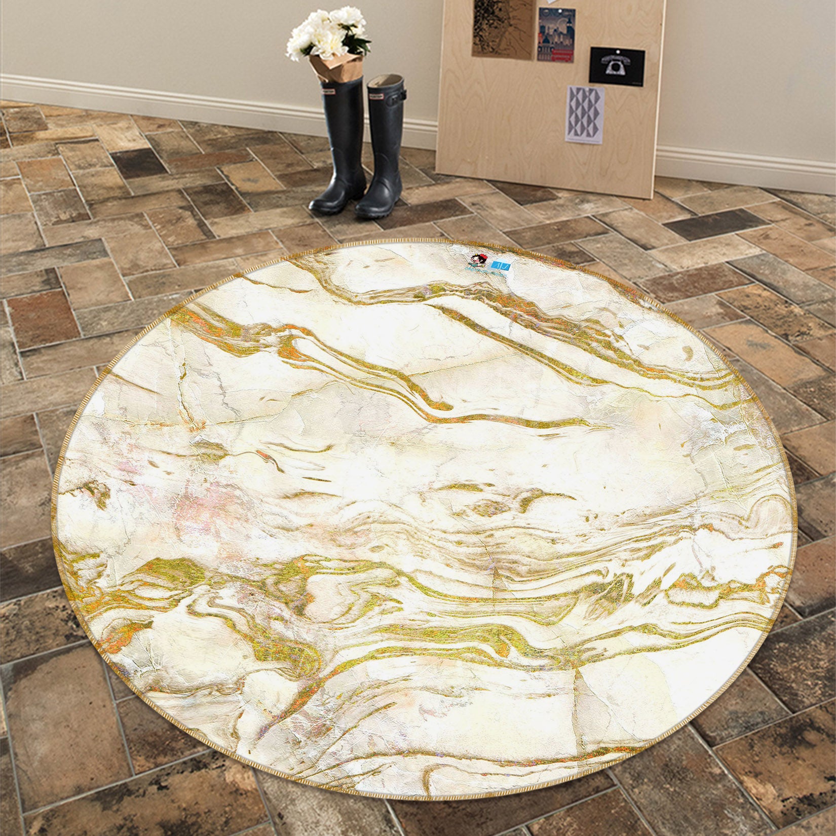 3D Golden Marbling 71166 Round Non Slip Rug Mat