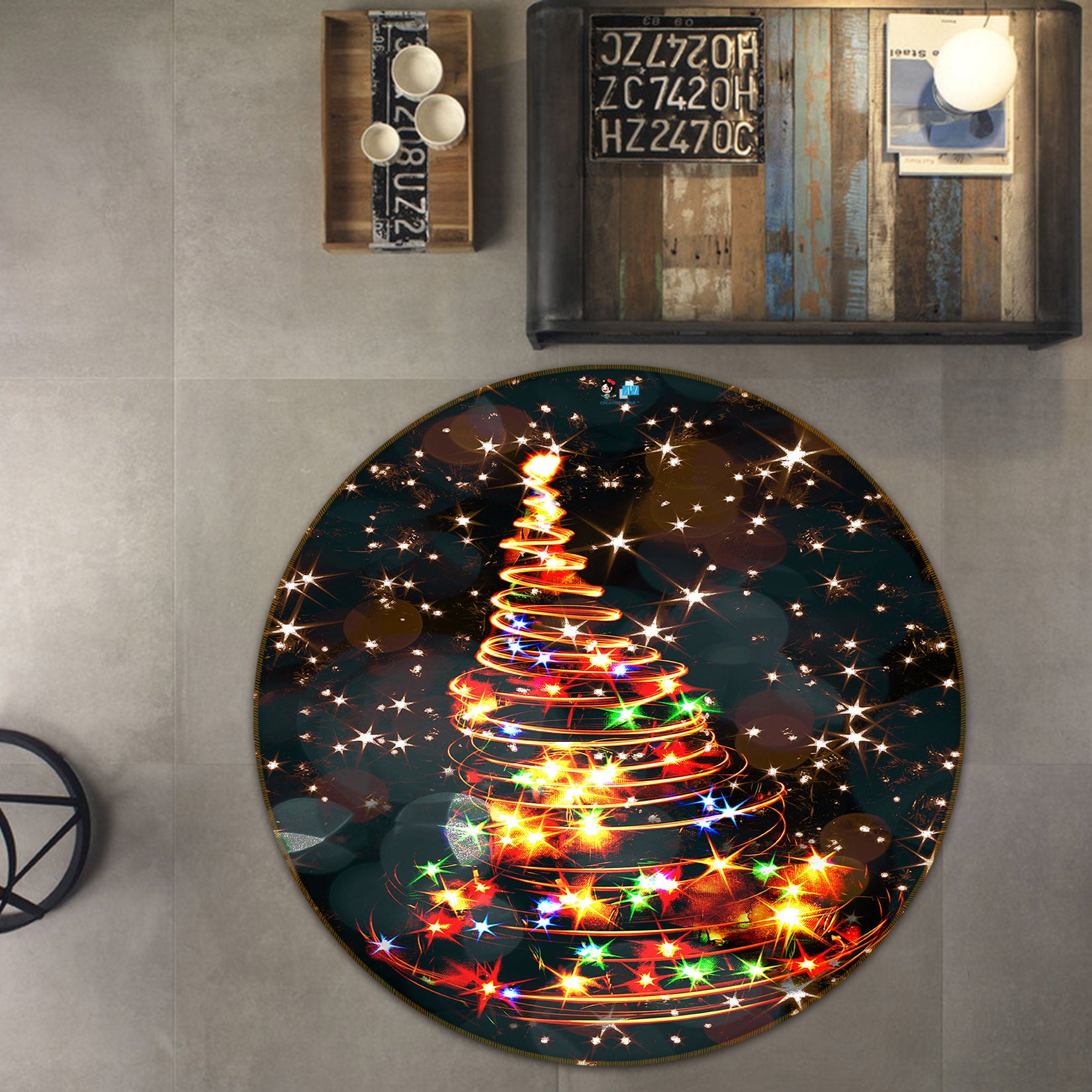 3D Colored Lights Tree 54179 Christmas Round Non Slip Rug Mat Xmas