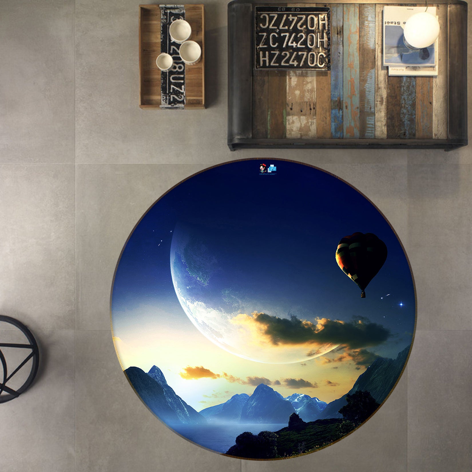 3D Moon Sky Hot Air Balloon 74088 Round Non Slip Rug Mat