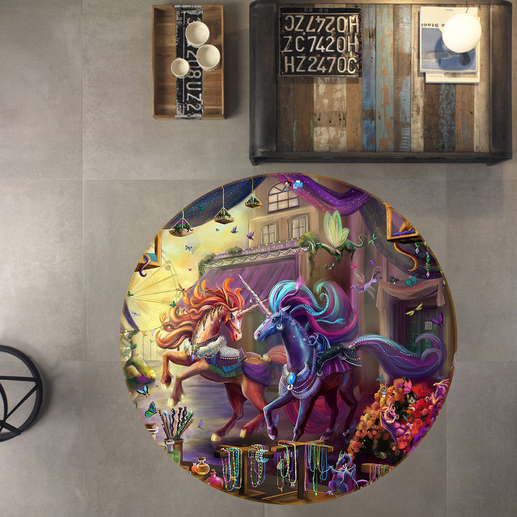 3D Two Colorful Unicorns 83177 Rose Catherine Khan Rug Round Non Slip Rug Mat