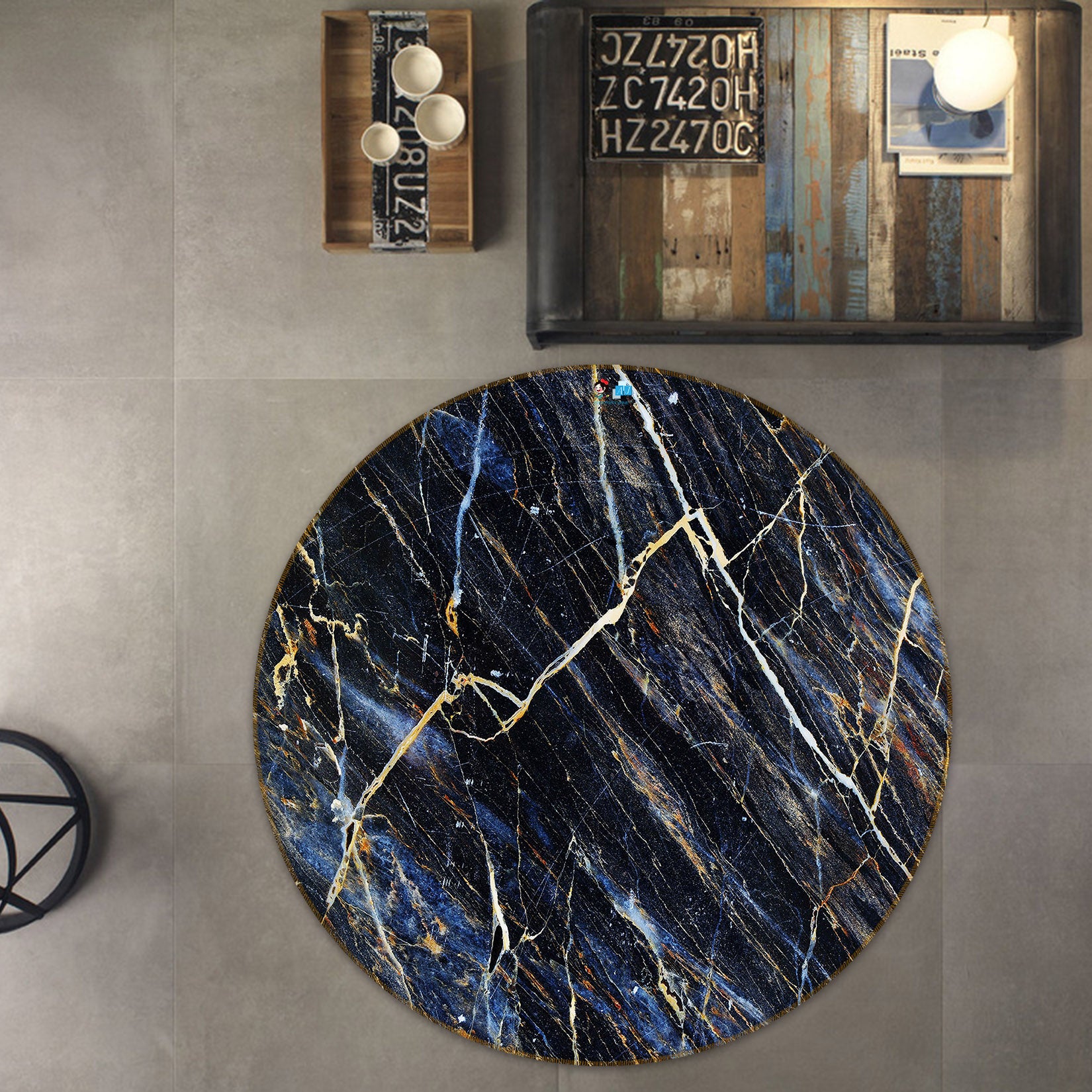 3D Black Marbling 69215 Round Non Slip Rug Mat