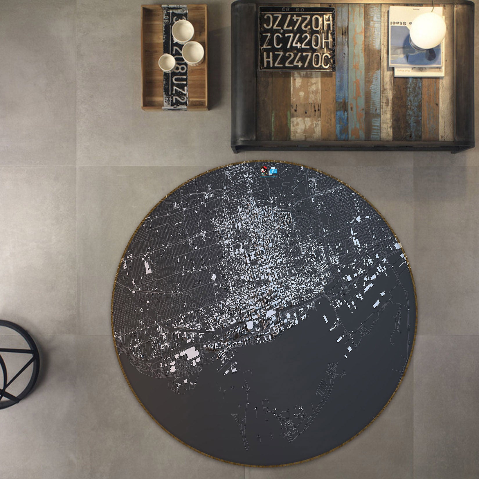 3D Black White Map 73030 Round Non Slip Rug Mat