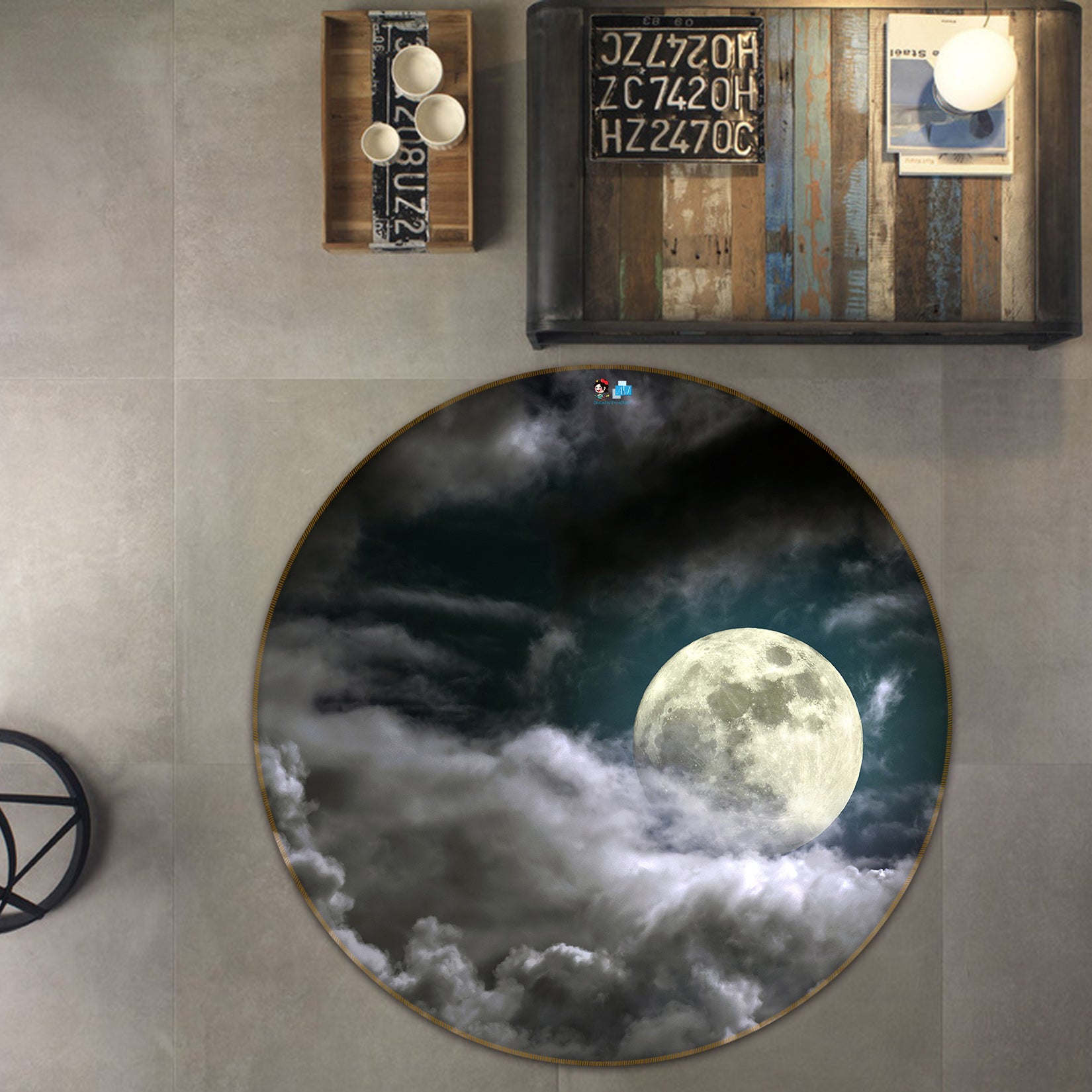 3D Clouds Moon 72066 Round Non Slip Rug Mat