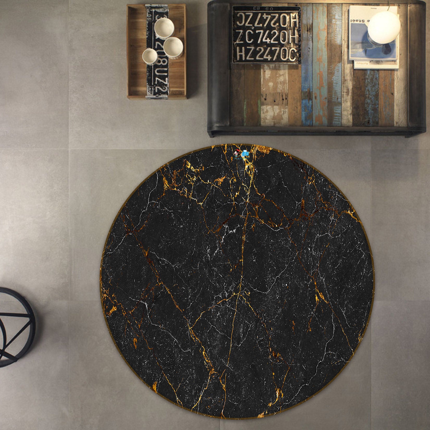 3D Black Marble 71155 Round Non Slip Rug Mat