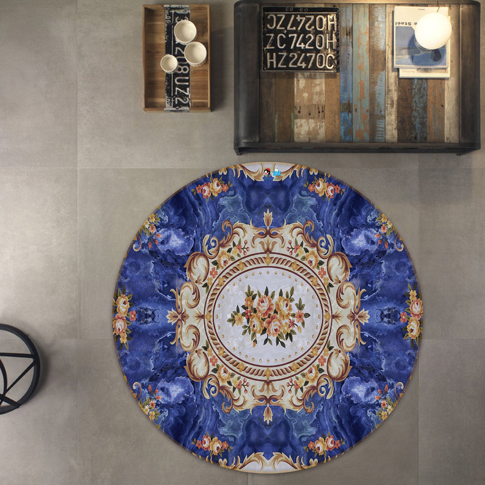 3D Blue Pattern 74016 Round Non Slip Rug Mat