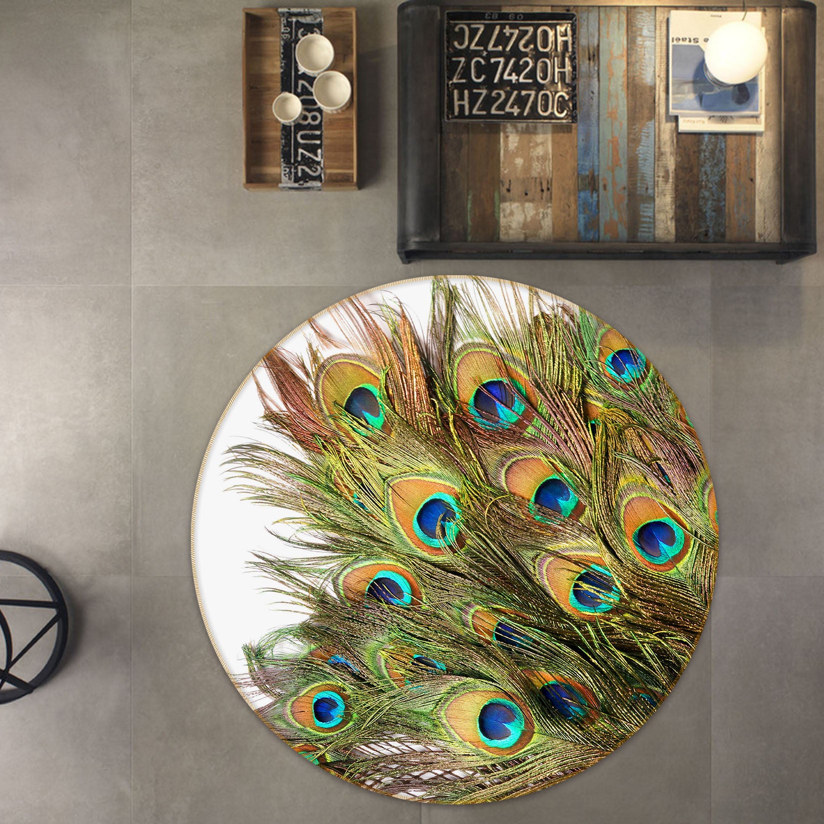 3D Peacock Feather 29101 Round Non Slip Rug Mat