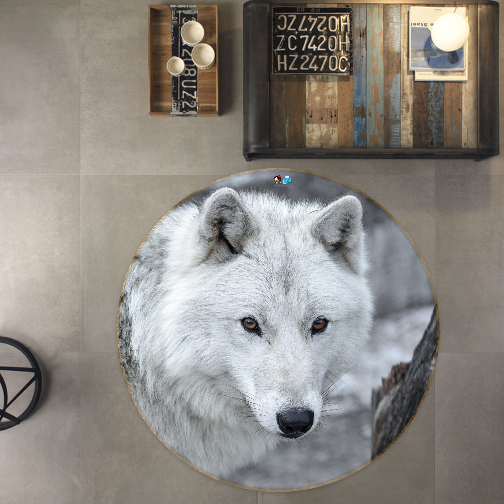 3D White Wolf 81181 Round Non Slip Rug Mat