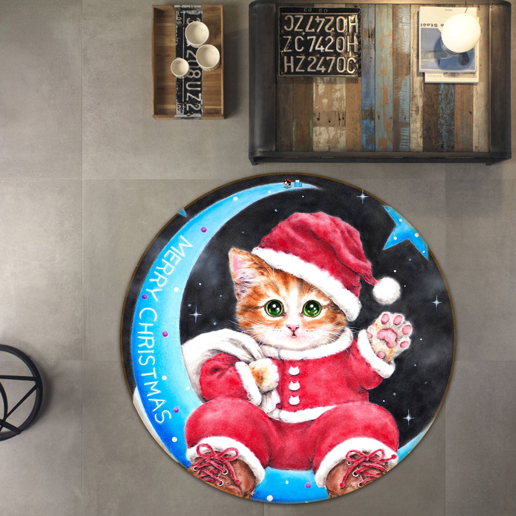 3D Christmas Cat Moon 6061 Kayomi Harai Rug Round Non Slip Rug Mat