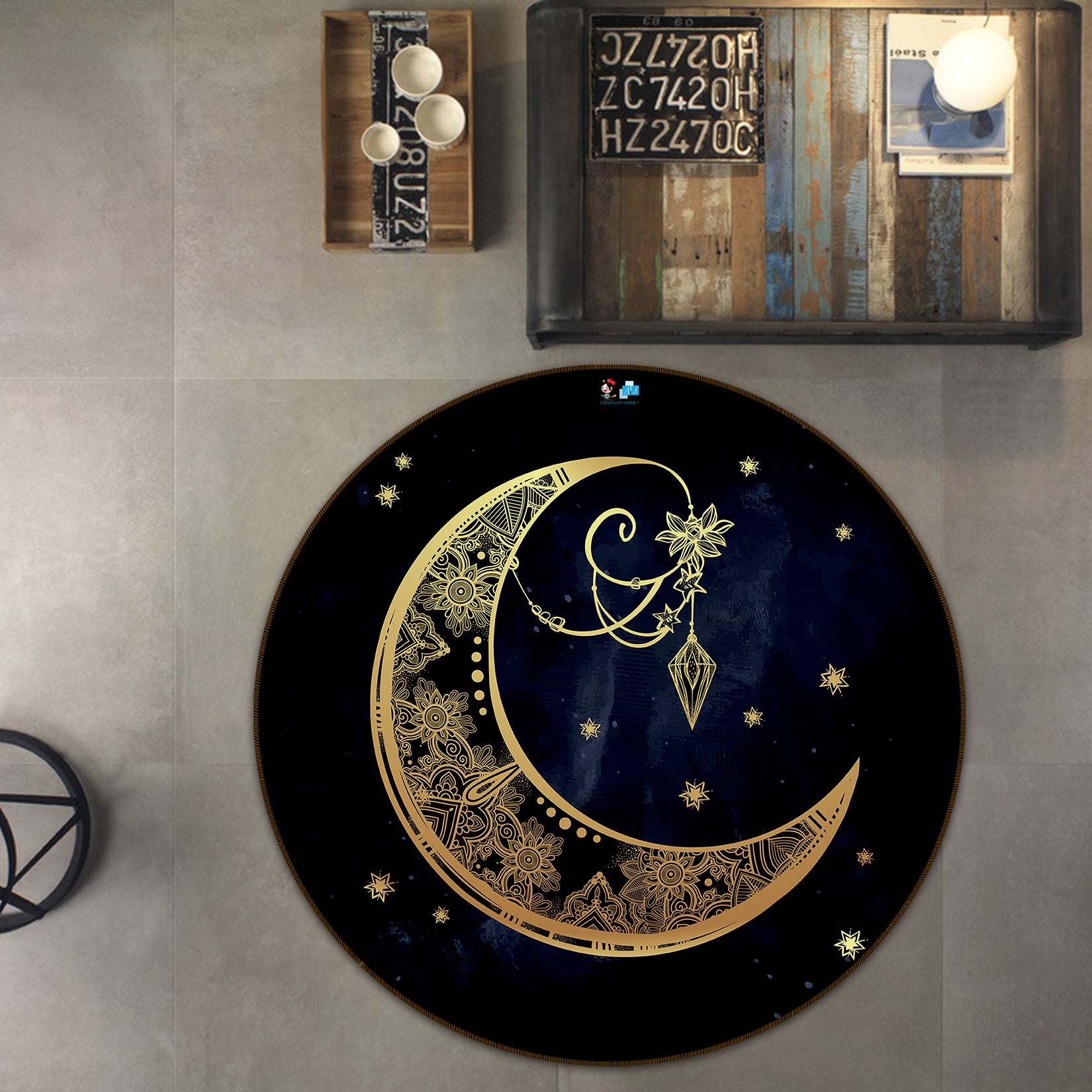 3D Golden Moon Pattern 75029 Round Non Slip Rug Mat
