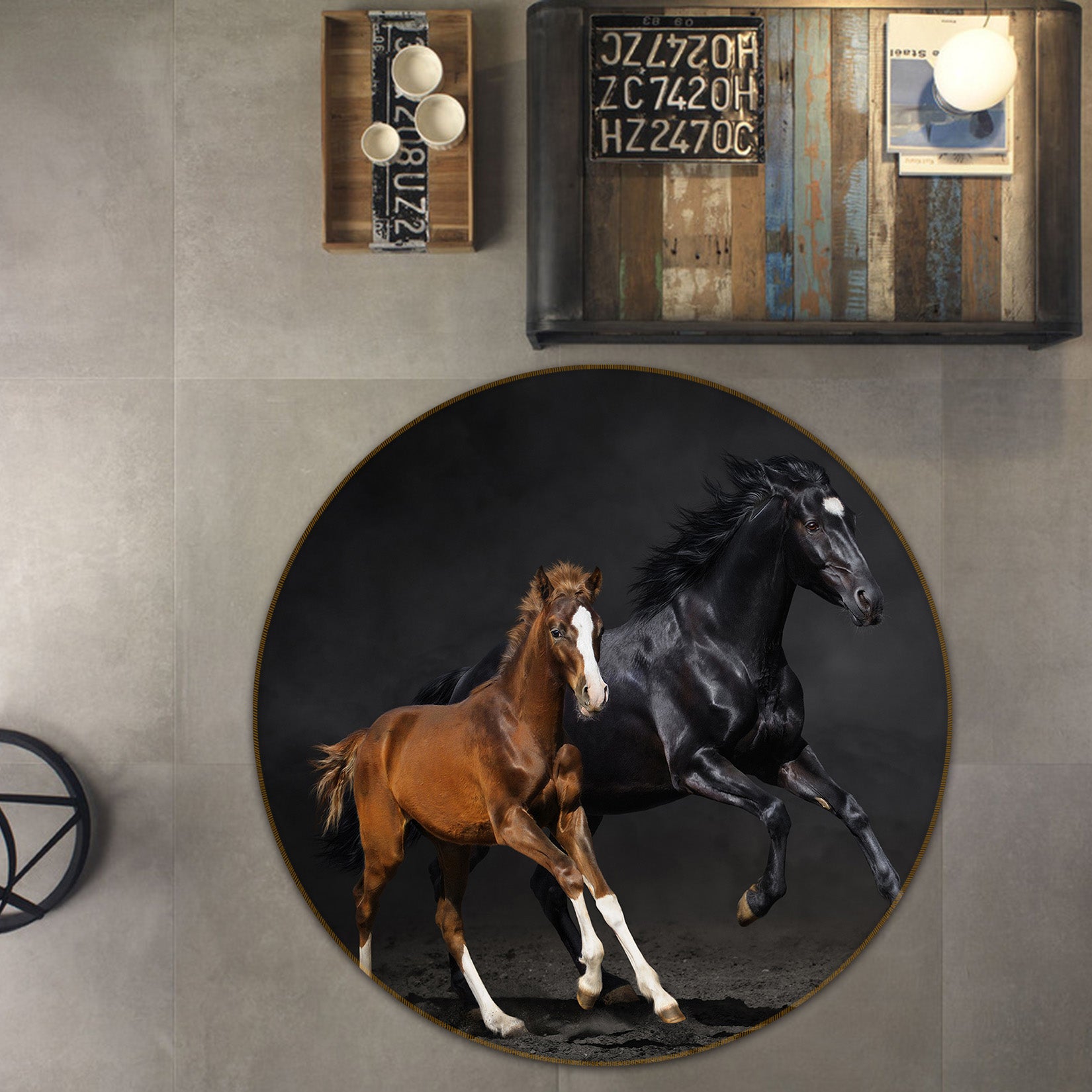 3D Two Horses 38011 Animal Round Non Slip Rug Mat