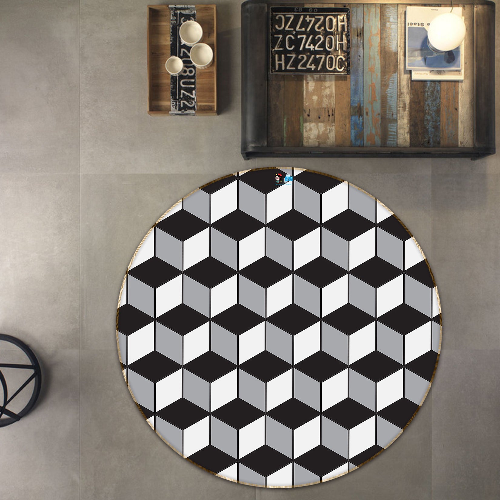 3D Black White Cube 74161 Round Non Slip Rug Mat