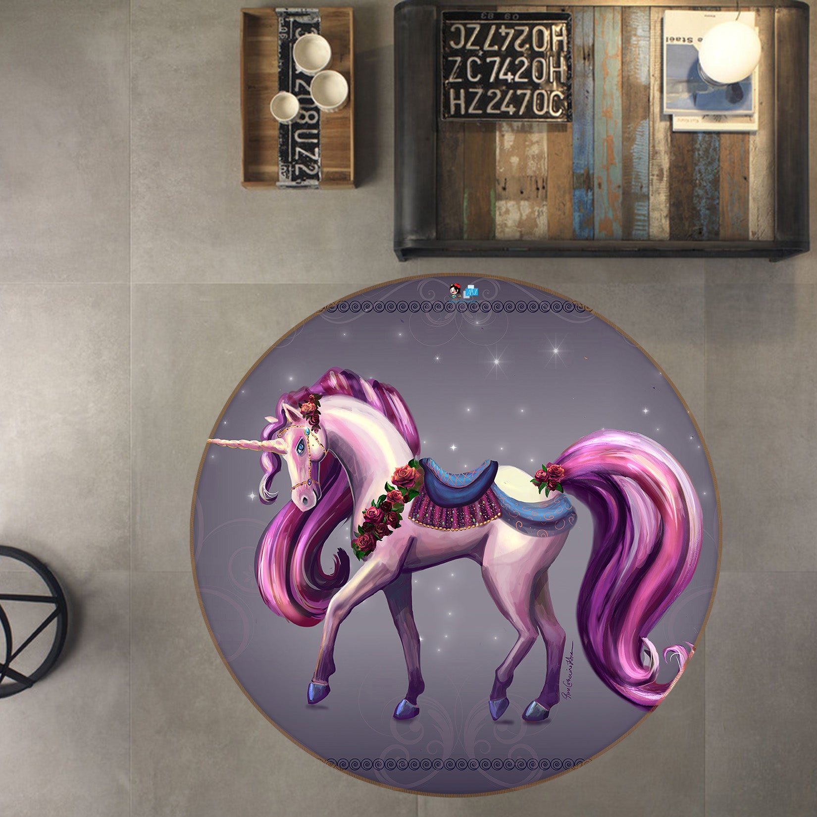 3D Unicorn Purple 83167 Rose Catherine Khan Rug Round Non Slip Rug Mat