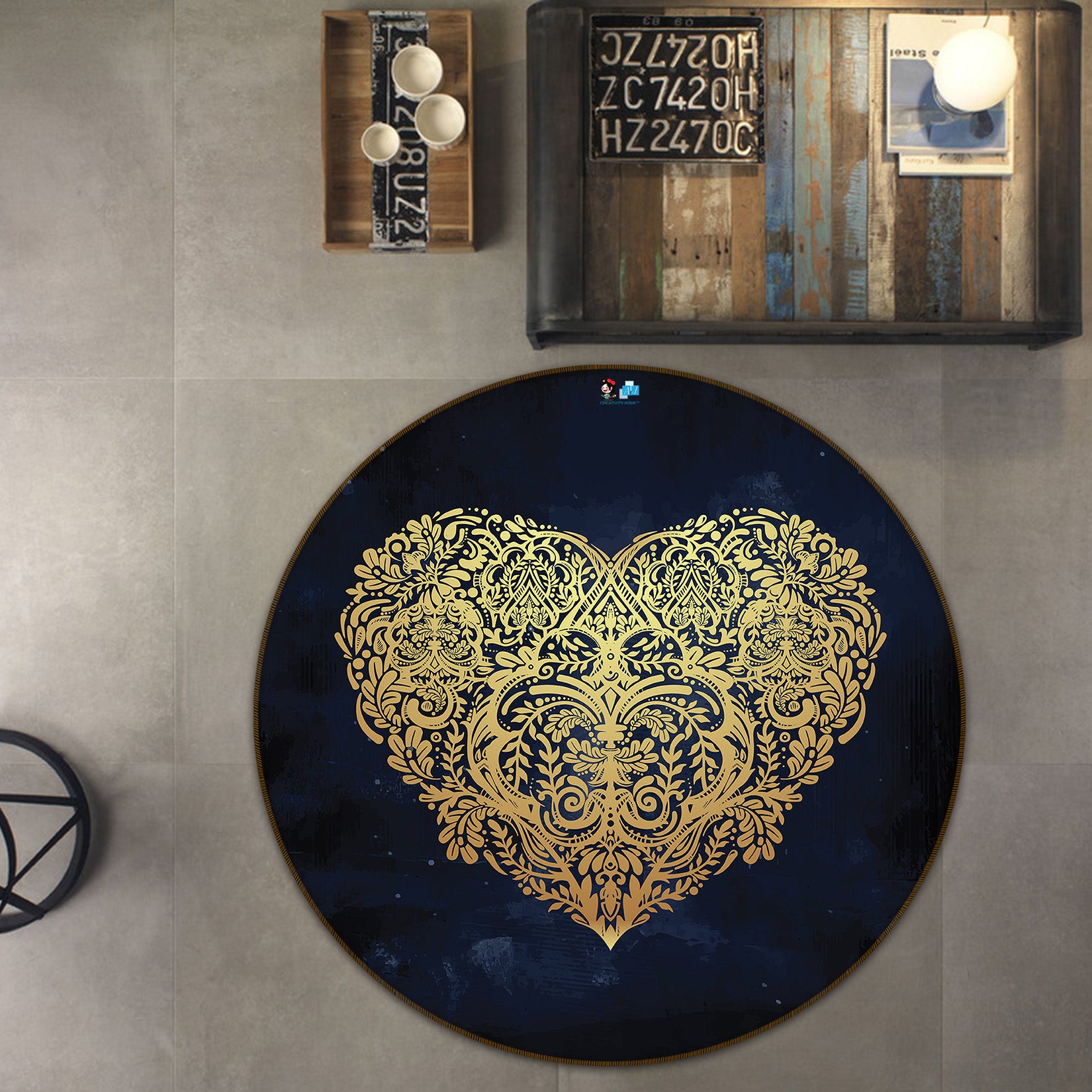 3D Golden Heart Pattern 75016 Round Non Slip Rug Mat