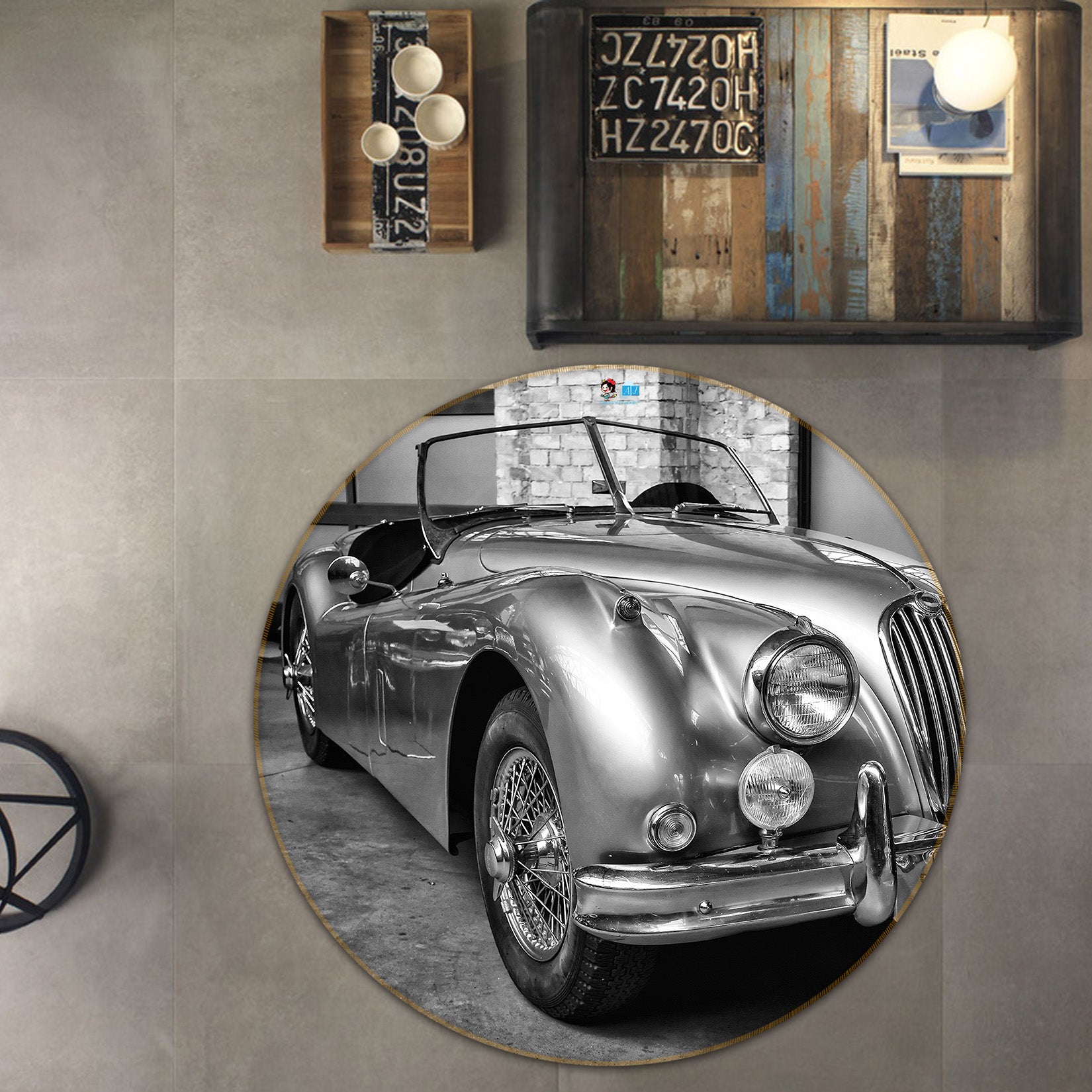 3D Black White Car 74141 Round Non Slip Rug Mat