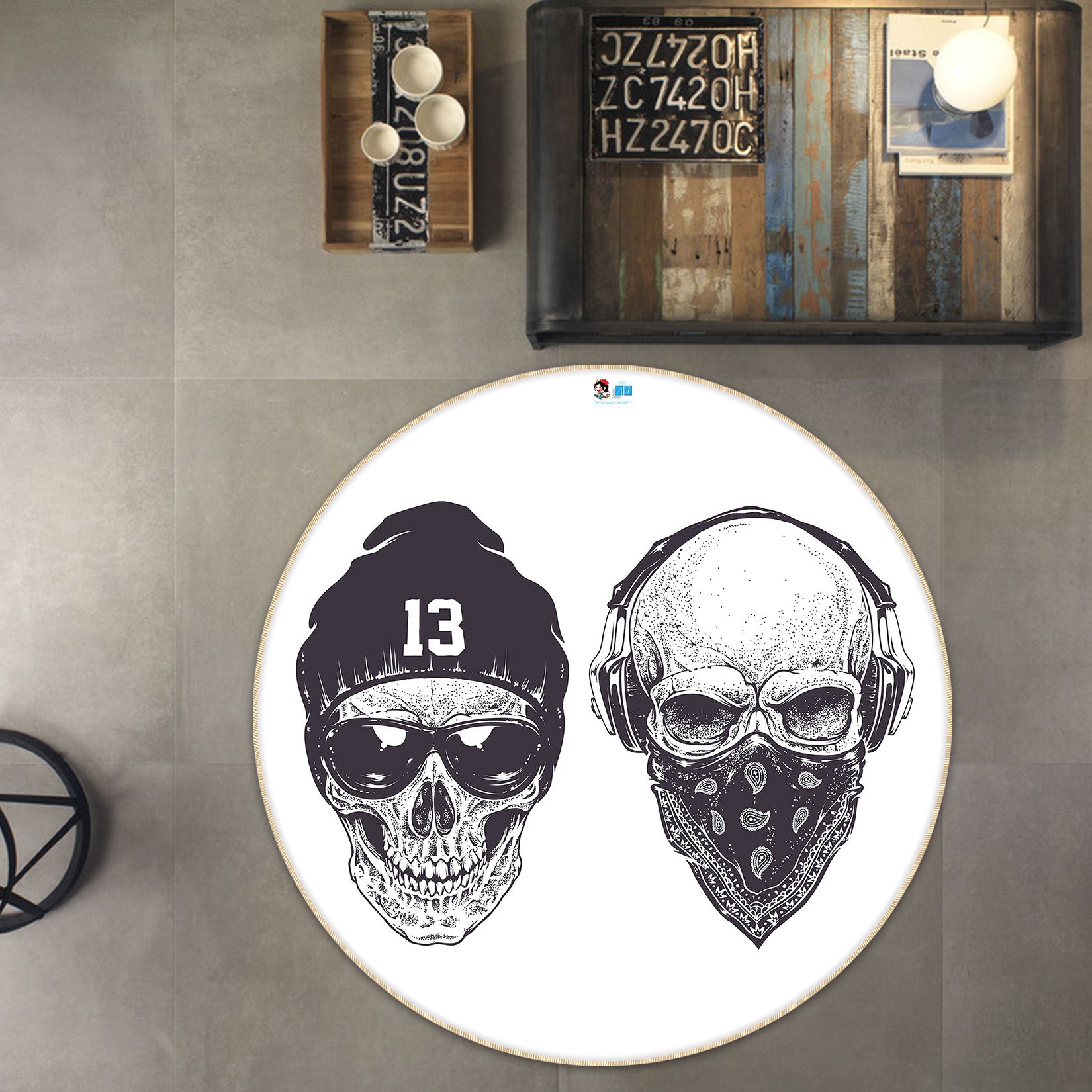 3D Skull 72107 Round Non Slip Rug Mat