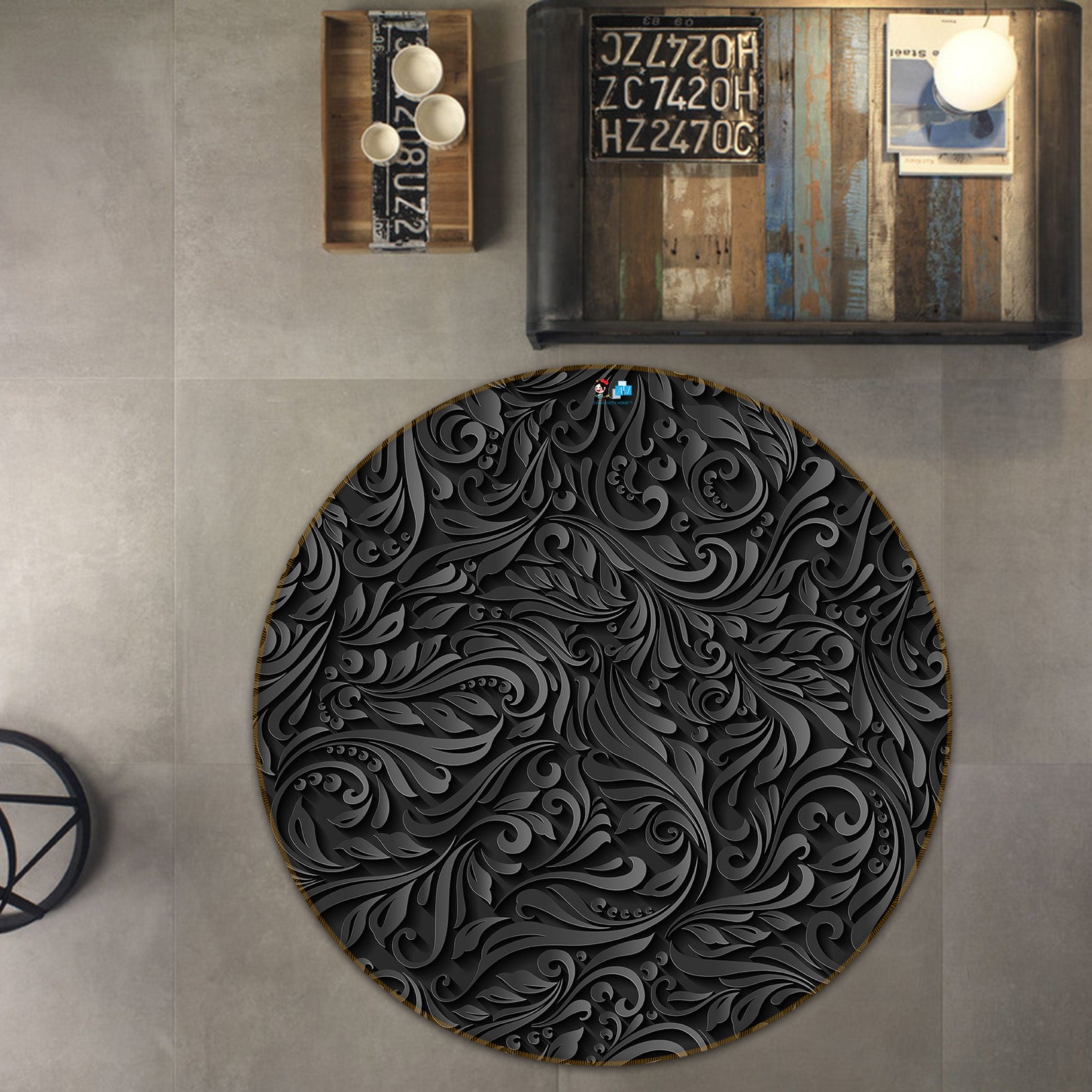 3D Black Pattern 72099 Round Non Slip Rug Mat
