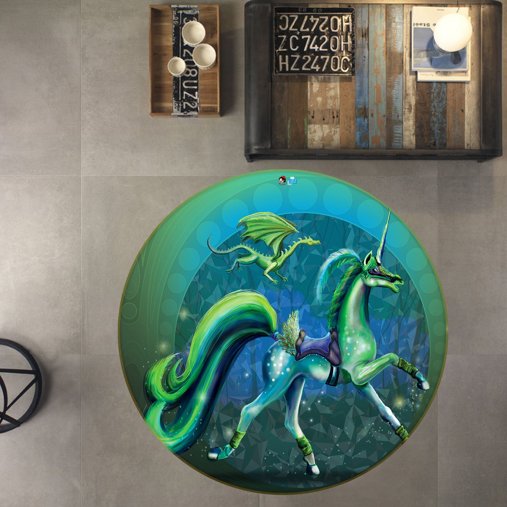 3D Green Unicorn 83171 Rose Catherine Khan Rug Round Non Slip Rug Mat