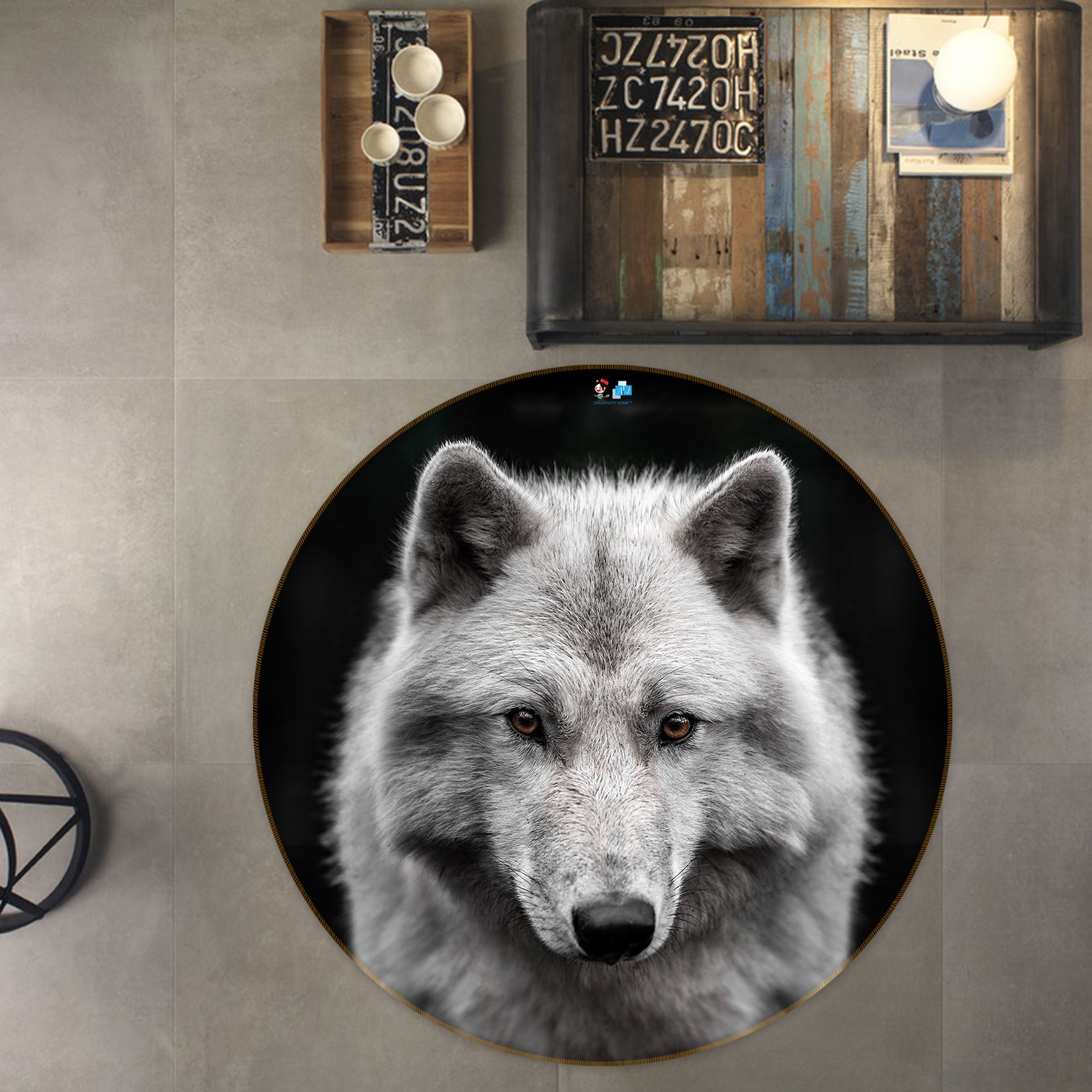 3D White Wolf 81172 Round Non Slip Rug Mat
