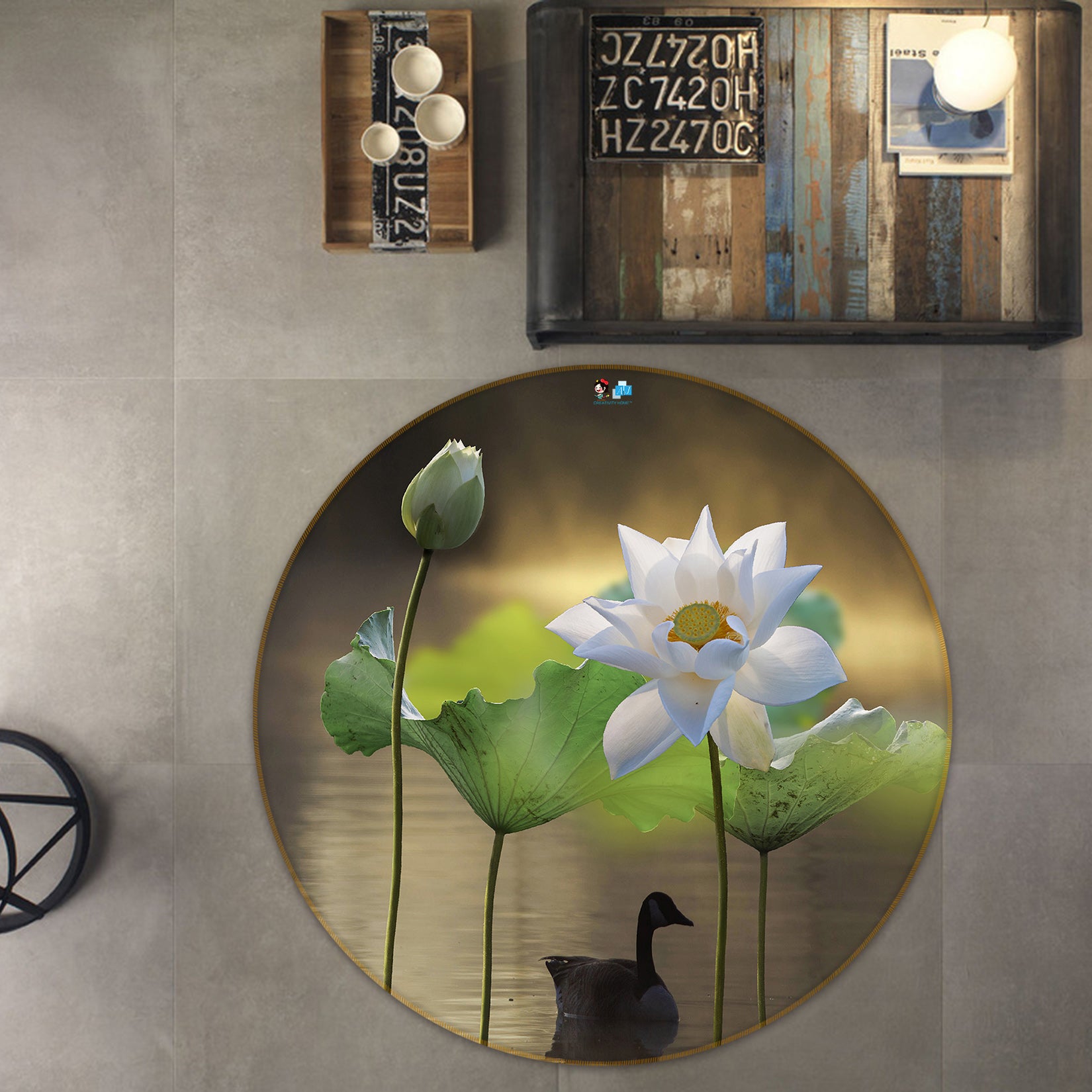 3D White Lotus 71178 Round Non Slip Rug Mat
