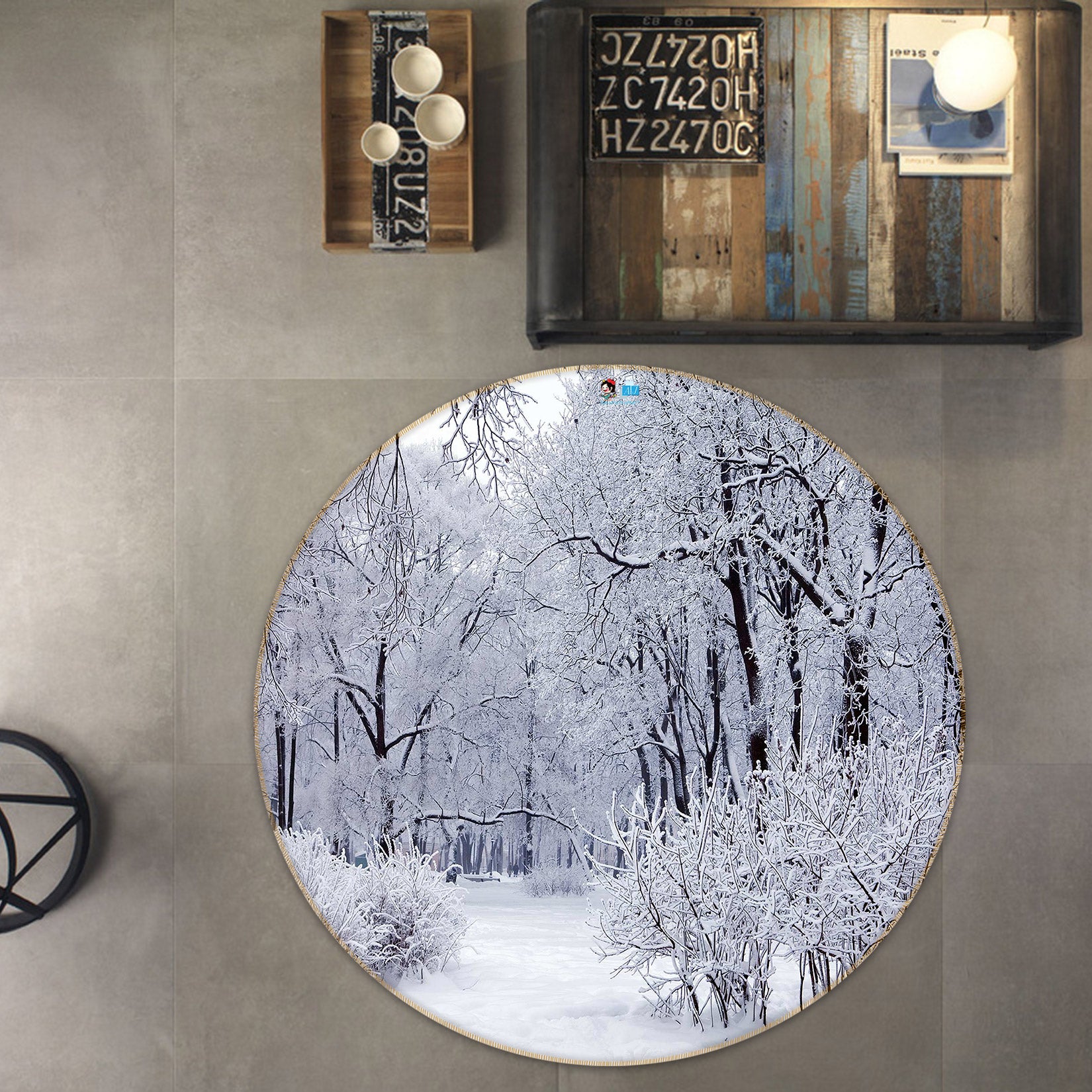 3D White Snow Forest 72144 Round Non Slip Rug Mat